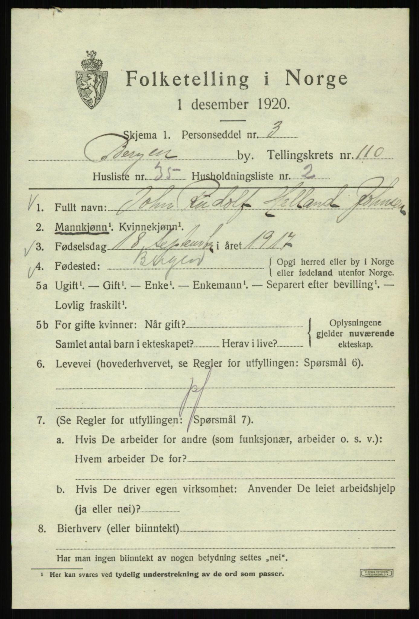 SAB, 1920 census for Bergen, 1920, p. 190550