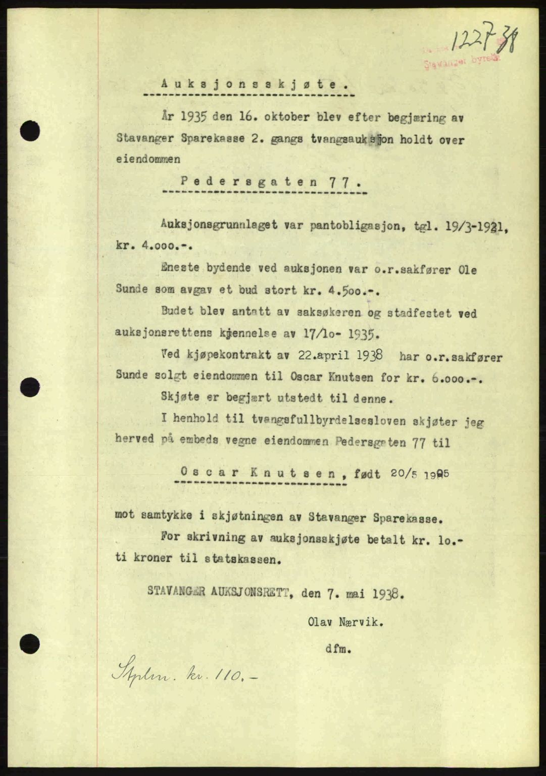 Stavanger byrett, SAST/A-100455/002/G/Gb/L0013: Mortgage book no. A3, 1937-1938, Diary no: : 1227/1938