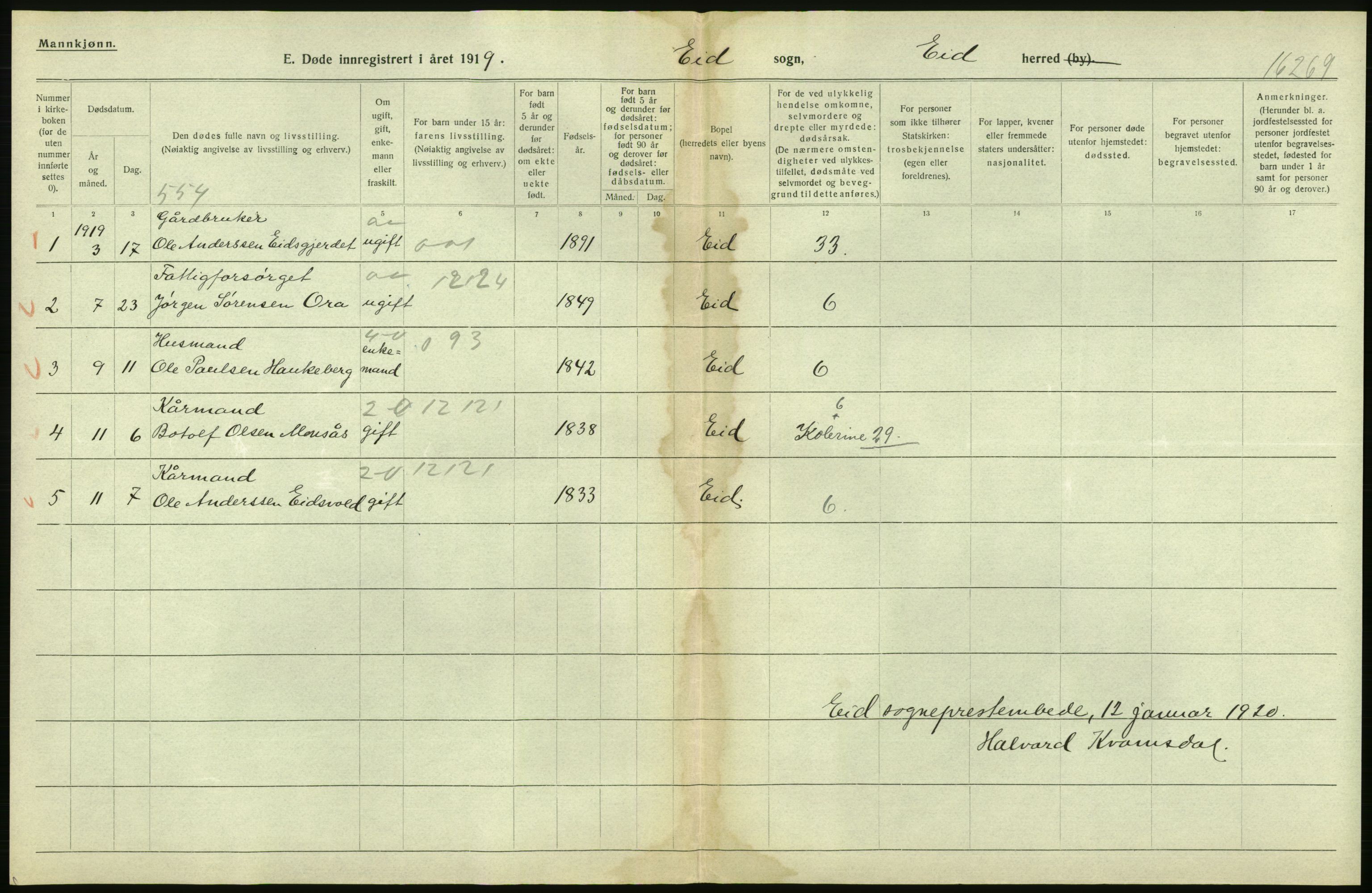 Statistisk sentralbyrå, Sosiodemografiske emner, Befolkning, AV/RA-S-2228/D/Df/Dfb/Dfbi/L0042: Møre fylke: Døde. Bygder og byer., 1919, p. 102