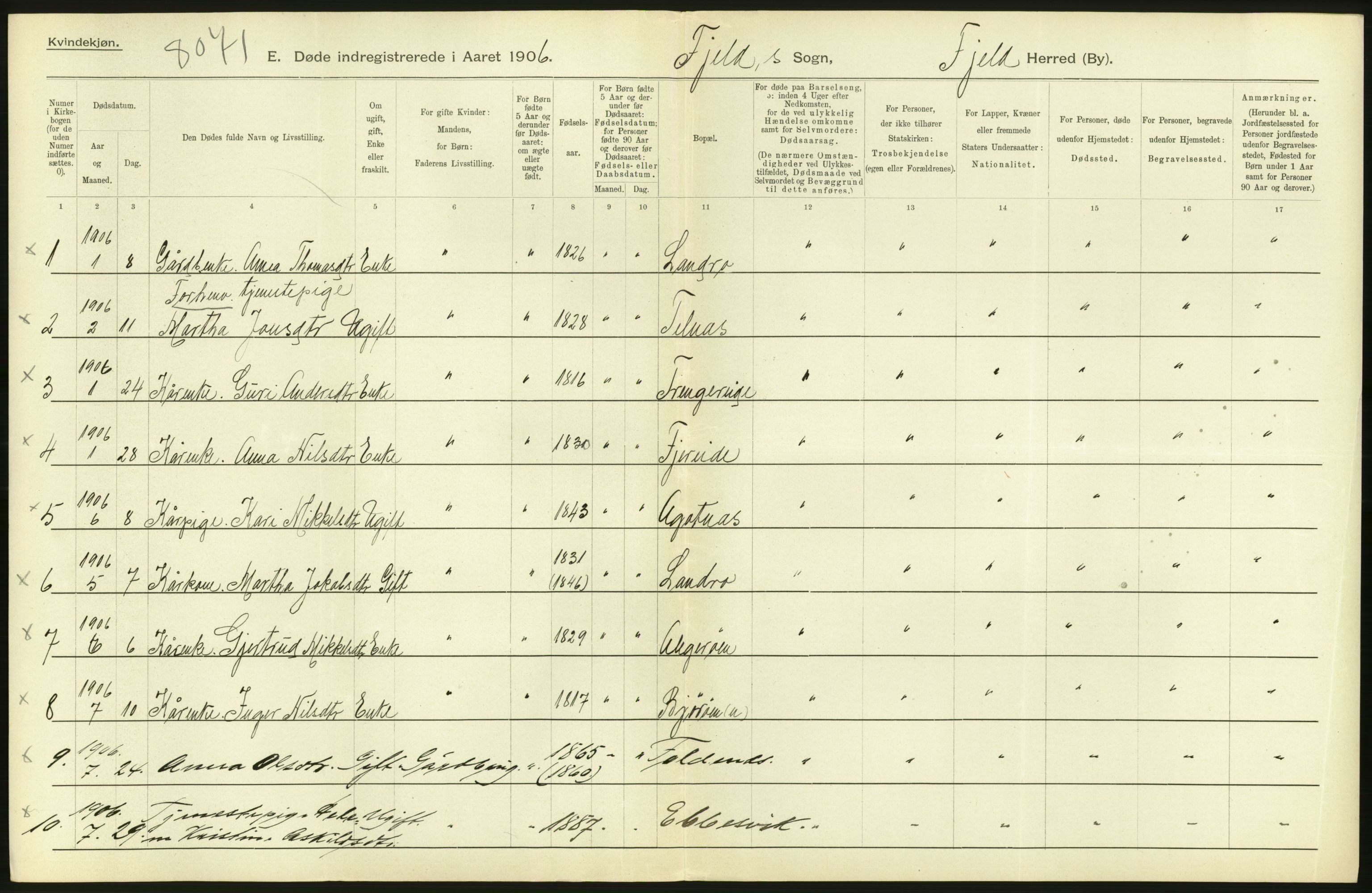 Statistisk sentralbyrå, Sosiodemografiske emner, Befolkning, AV/RA-S-2228/D/Df/Dfa/Dfad/L0030: S. Bergenhus amt: Døde. Bygder., 1906, p. 60