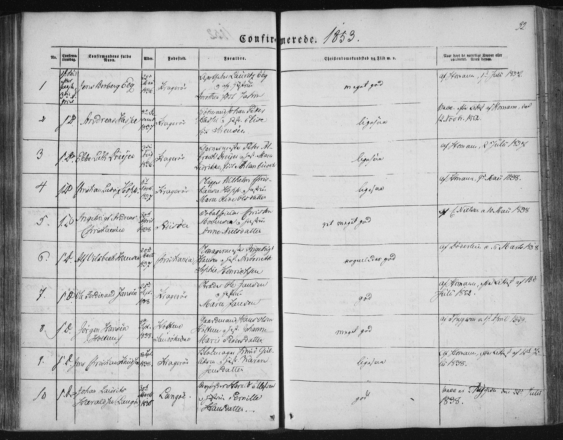 Kragerø kirkebøker, SAKO/A-278/F/Fa/L0006: Parish register (official) no. 6, 1847-1861, p. 32