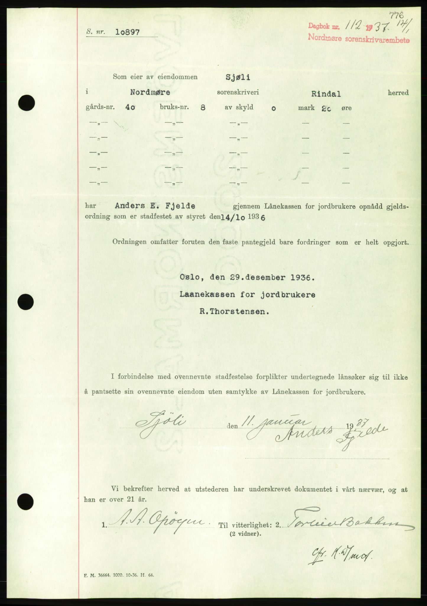 Nordmøre sorenskriveri, AV/SAT-A-4132/1/2/2Ca/L0090: Mortgage book no. B80, 1936-1937, Diary no: : 112/1937