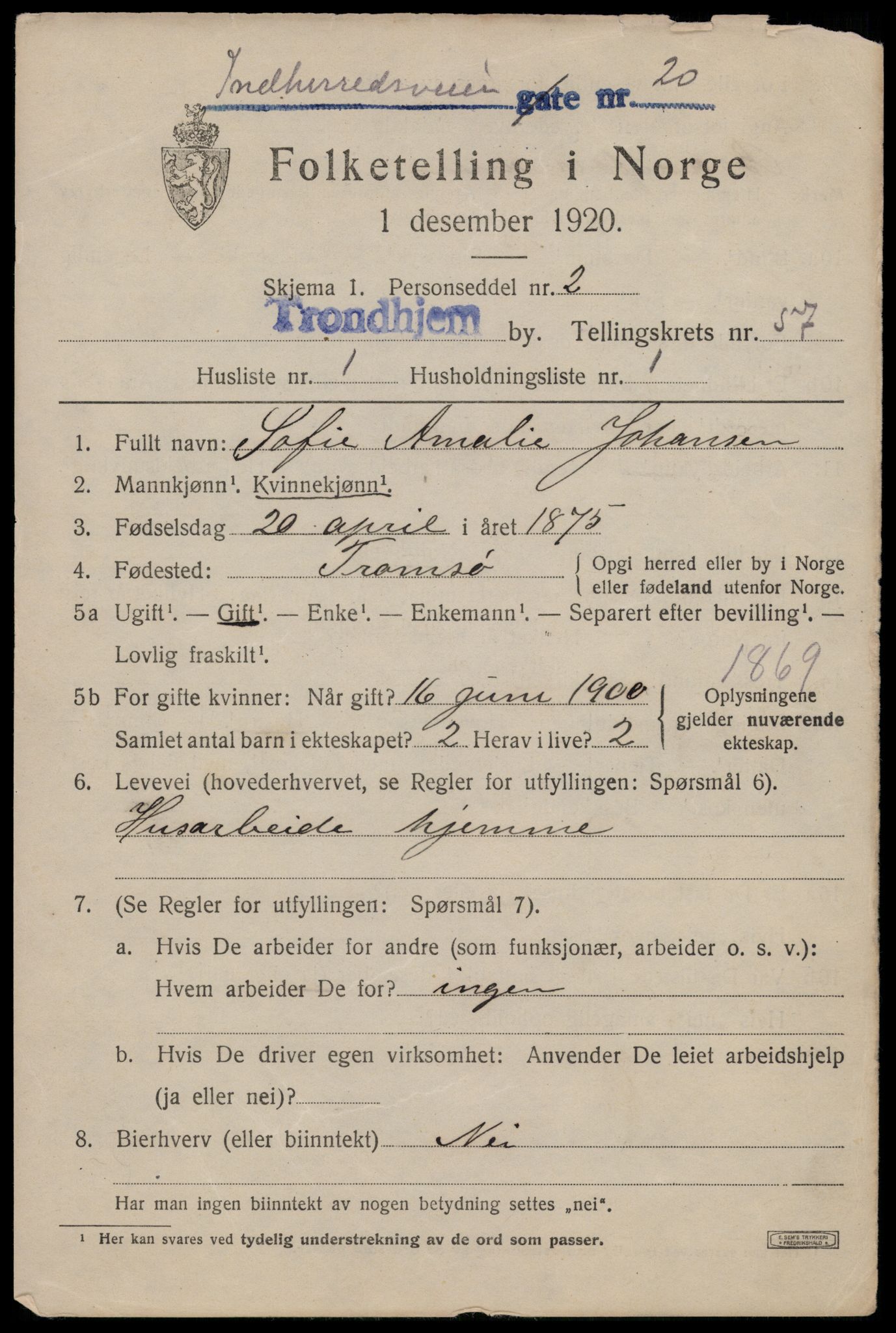 SAT, 1920 census for Trondheim, 1920, p. 115492