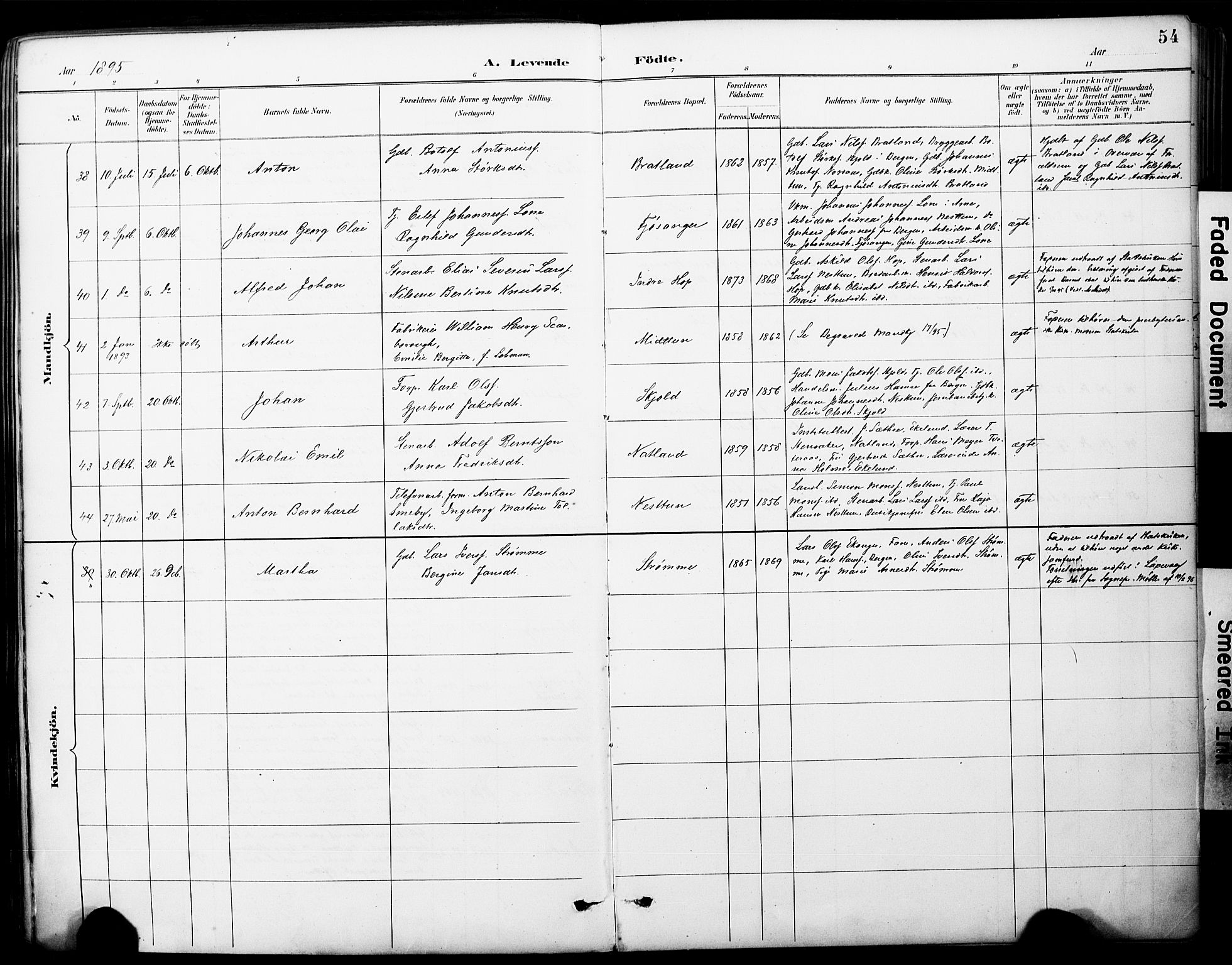 Fana Sokneprestembete, AV/SAB-A-75101/H/Haa/Haai/L0002: Parish register (official) no. I 2, 1888-1899, p. 54