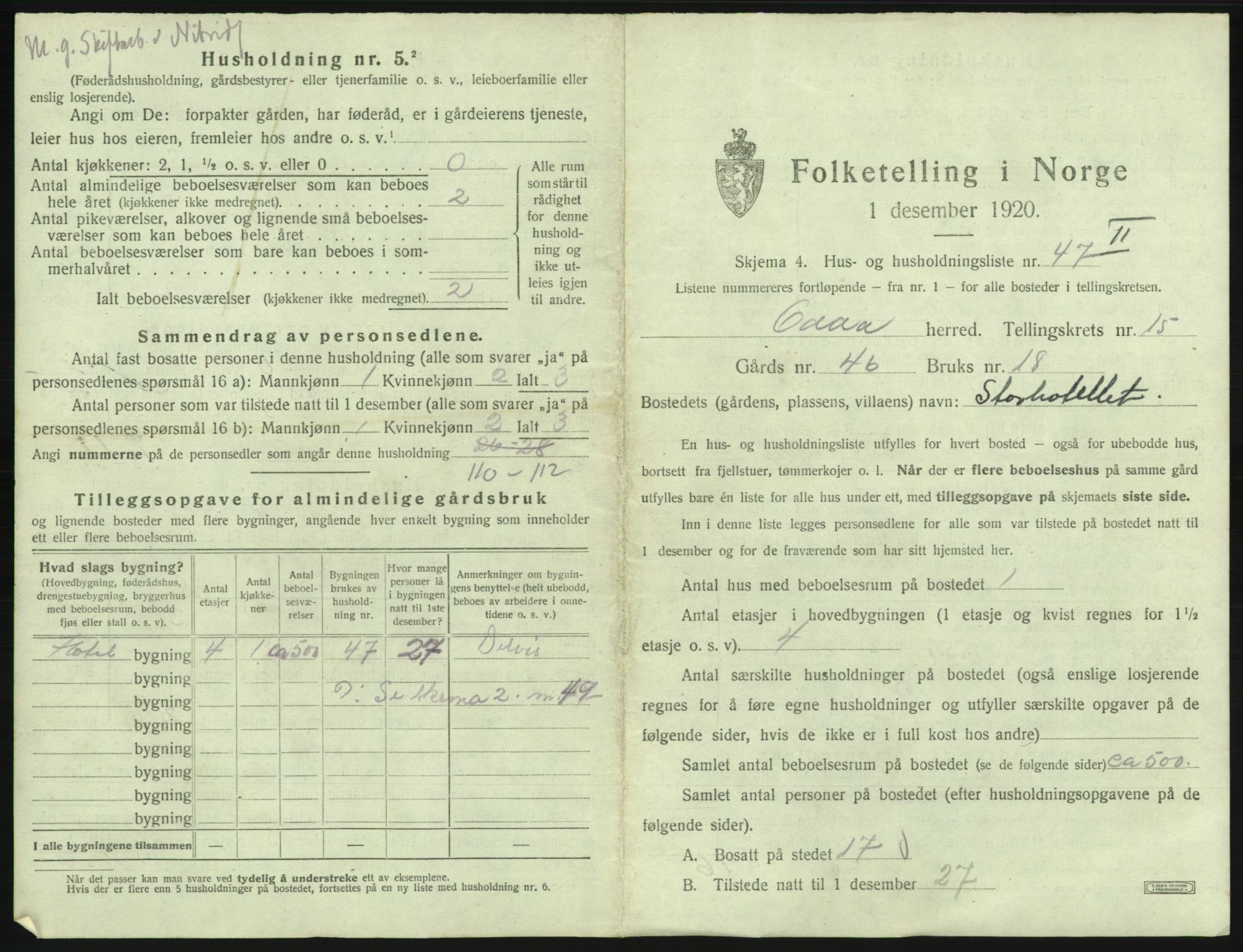 SAB, 1920 census for Odda, 1920, p. 1359