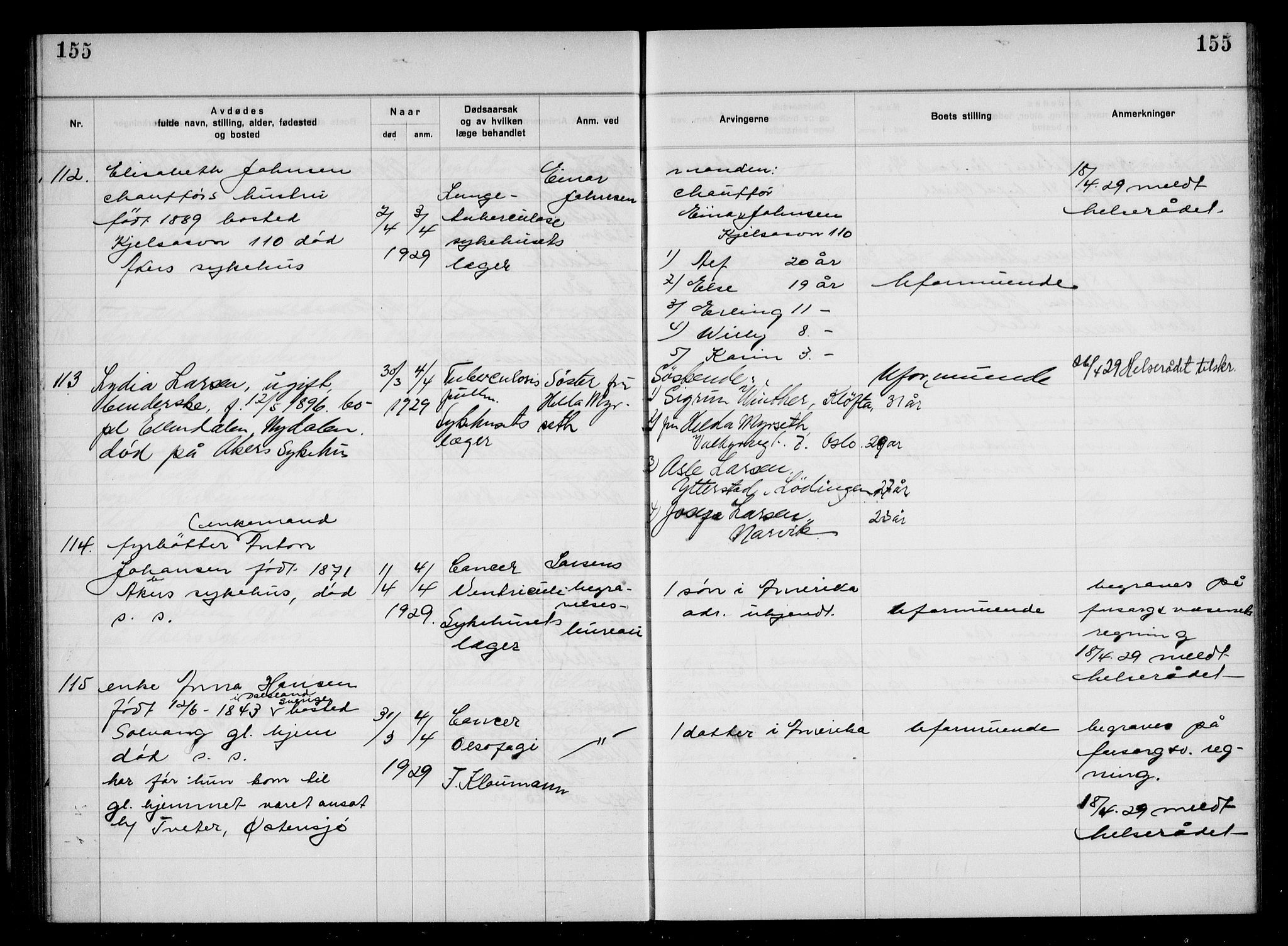 Aker kriminaldommer, skifte- og auksjonsforvalterembete, AV/SAO-A-10452/H/Hb/Hba/Hbac/L0002: Dødsfallsprotokoll for Østre Aker, 1927-1931, p. 155