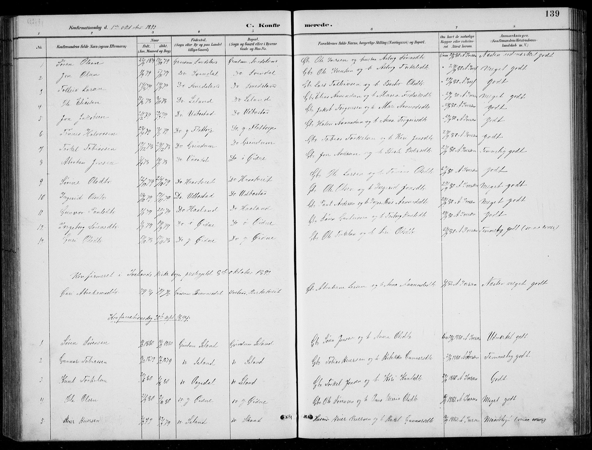 Bjelland sokneprestkontor, SAK/1111-0005/F/Fb/Fbc/L0003: Parish register (copy) no. B 3, 1887-1924, p. 139