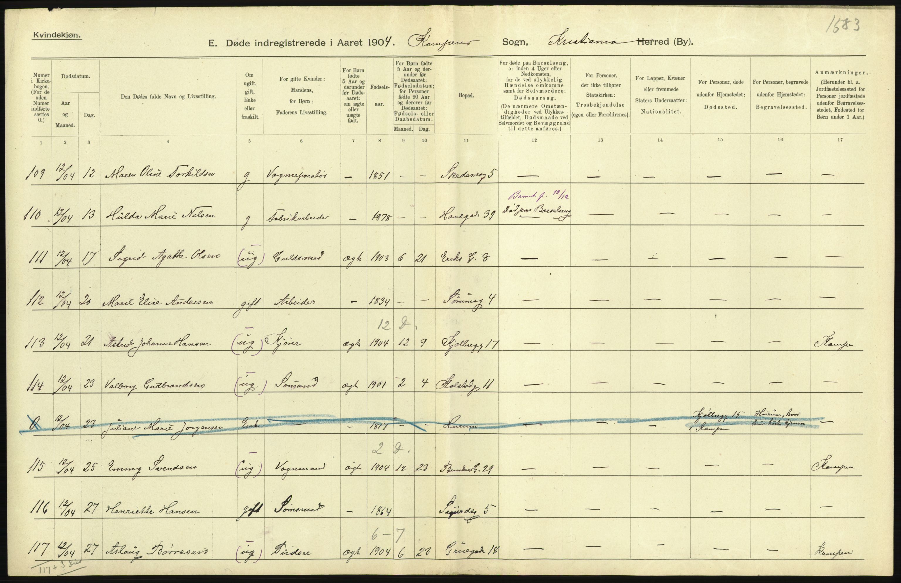 Statistisk sentralbyrå, Sosiodemografiske emner, Befolkning, AV/RA-S-2228/D/Df/Dfa/Dfab/L0004: Kristiania: Gifte, døde, 1904, p. 527