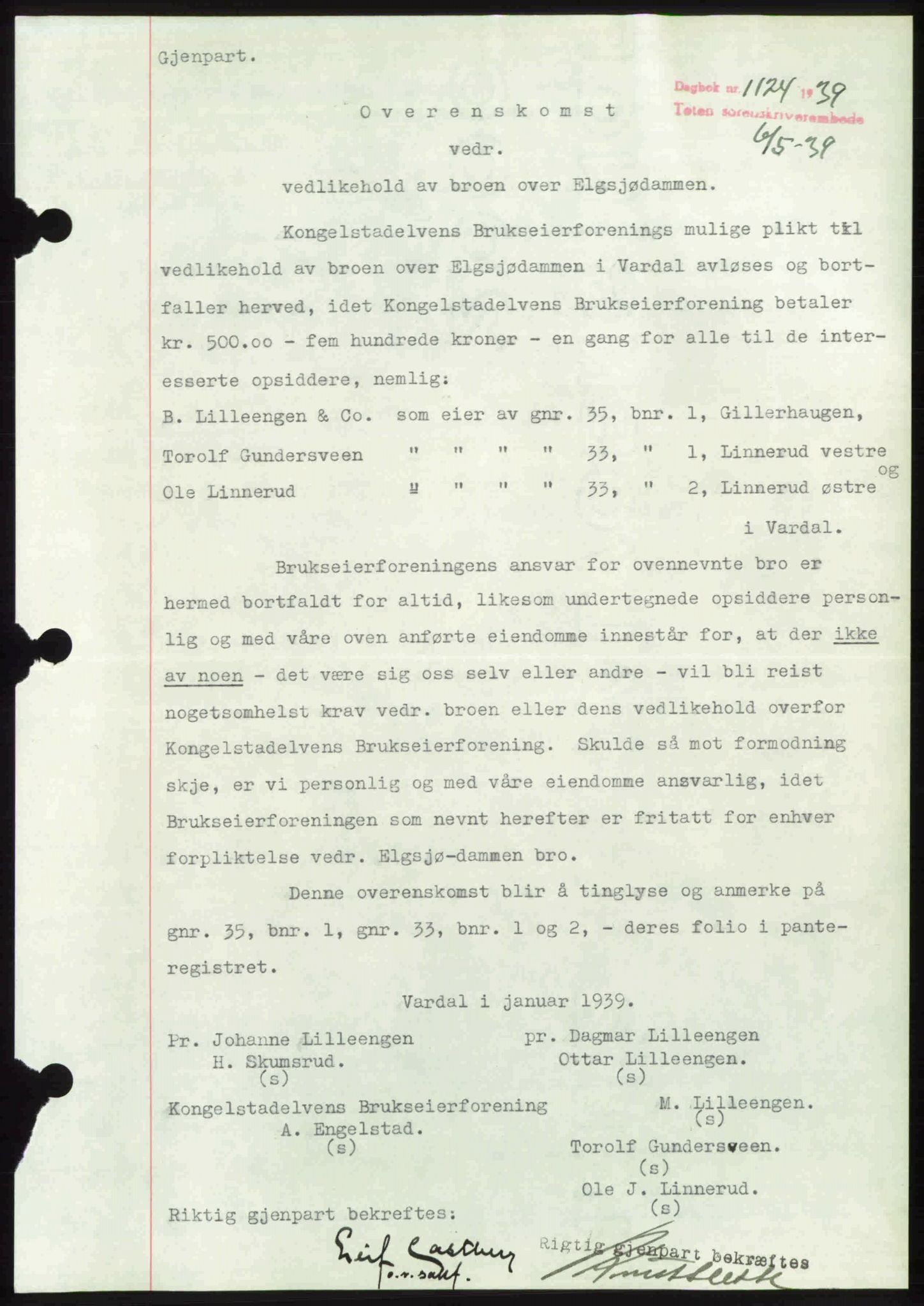 Toten tingrett, SAH/TING-006/H/Hb/Hbc/L0006: Mortgage book no. Hbc-06, 1939-1939, Diary no: : 1124/1939