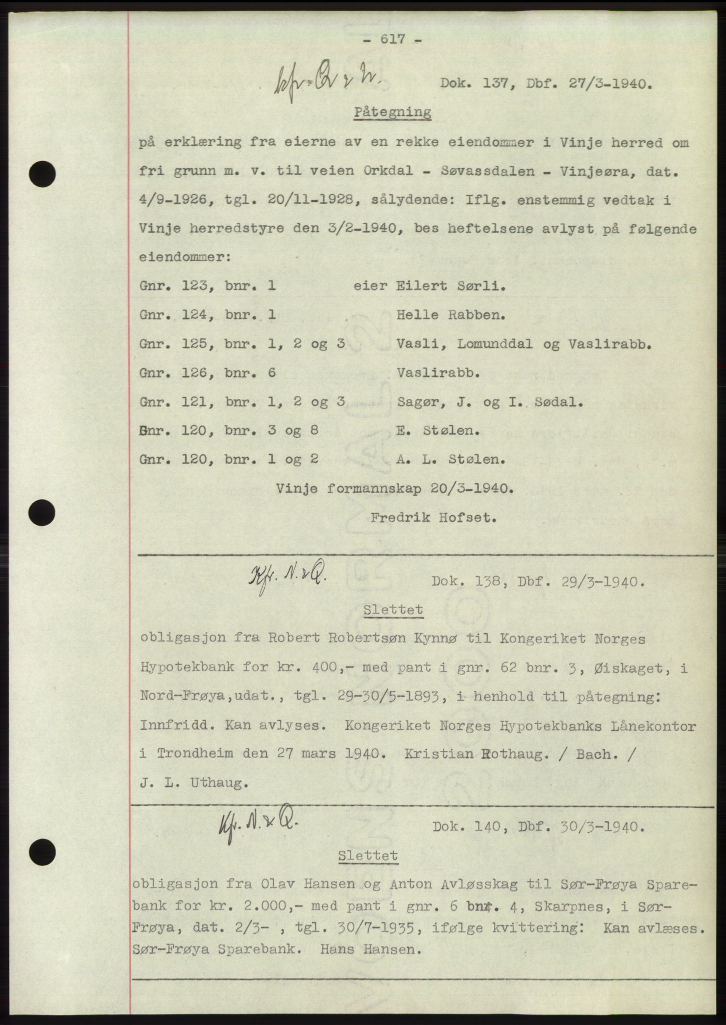 Hitra sorenskriveri, AV/SAT-A-0018/2/2C/2Ca: Mortgage book no. C1, 1936-1945, Diary no: : 137/1940