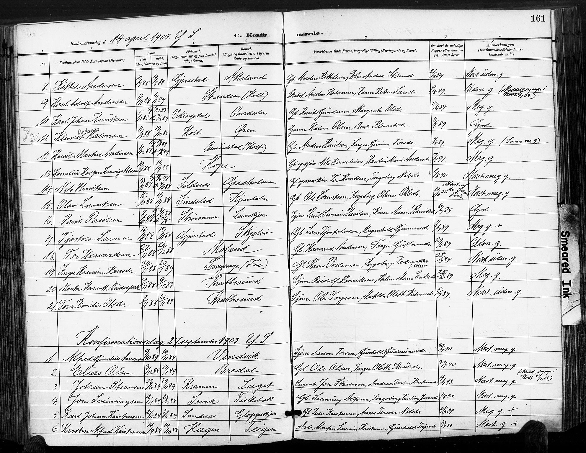 Søndeled sokneprestkontor, SAK/1111-0038/F/Fa/L0006: Parish register (official) no. A 6, 1900-1922, p. 161