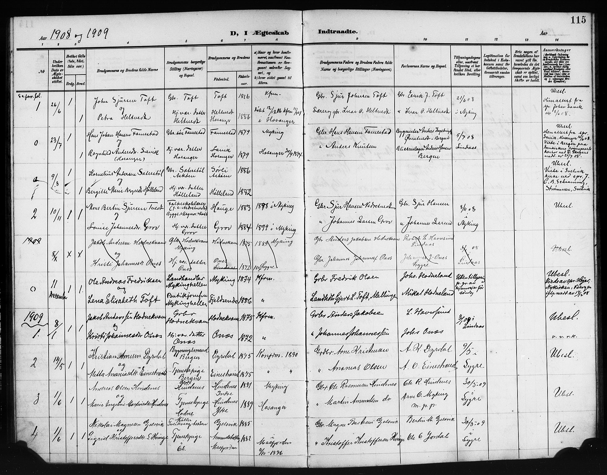 Lindås Sokneprestembete, AV/SAB-A-76701/H/Hab/Habe/L0004: Parish register (copy) no. E 4, 1906-1921, p. 115