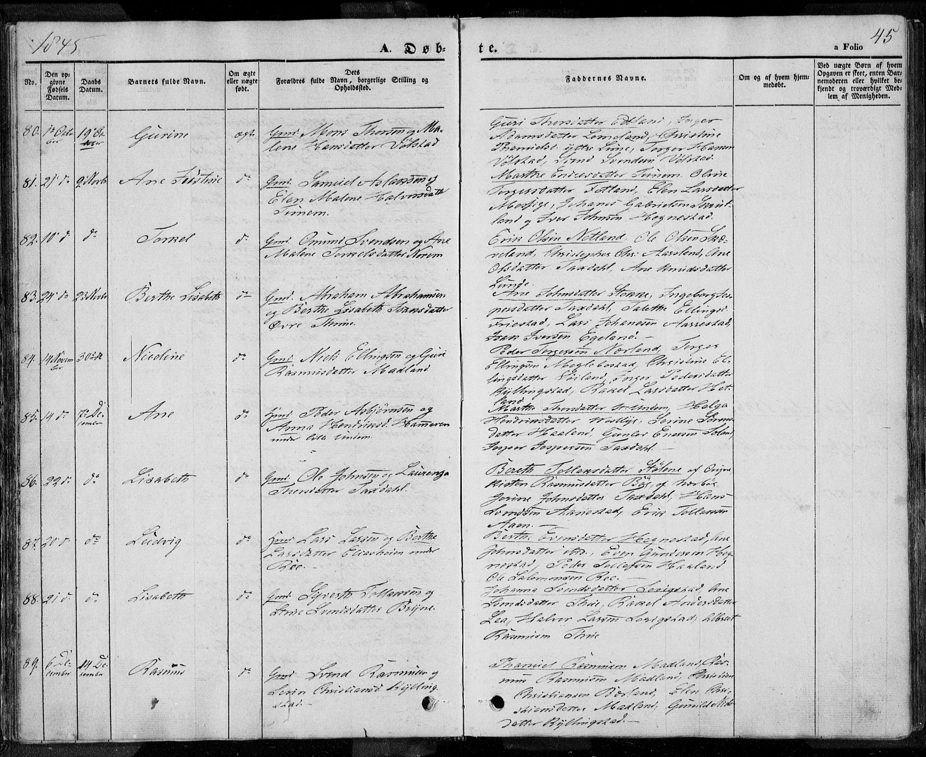 Lye sokneprestkontor, AV/SAST-A-101794/001/30BA/L0005: Parish register (official) no. A 5.1, 1842-1855, p. 45
