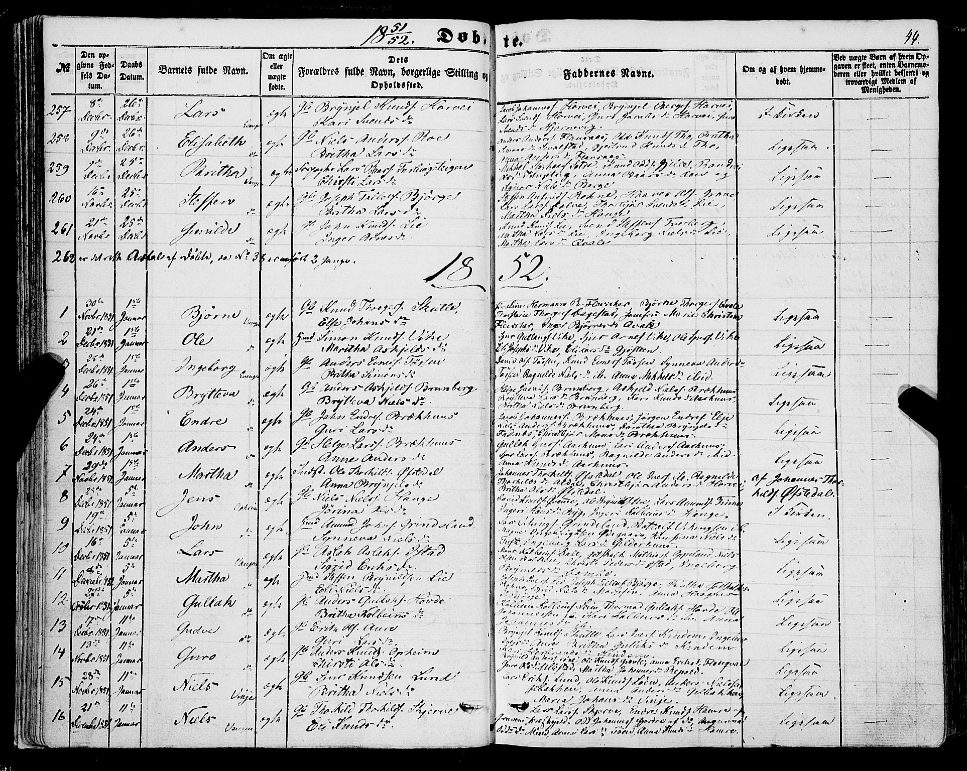 Voss sokneprestembete, SAB/A-79001/H/Haa: Parish register (official) no. A 16, 1849-1863, p. 44