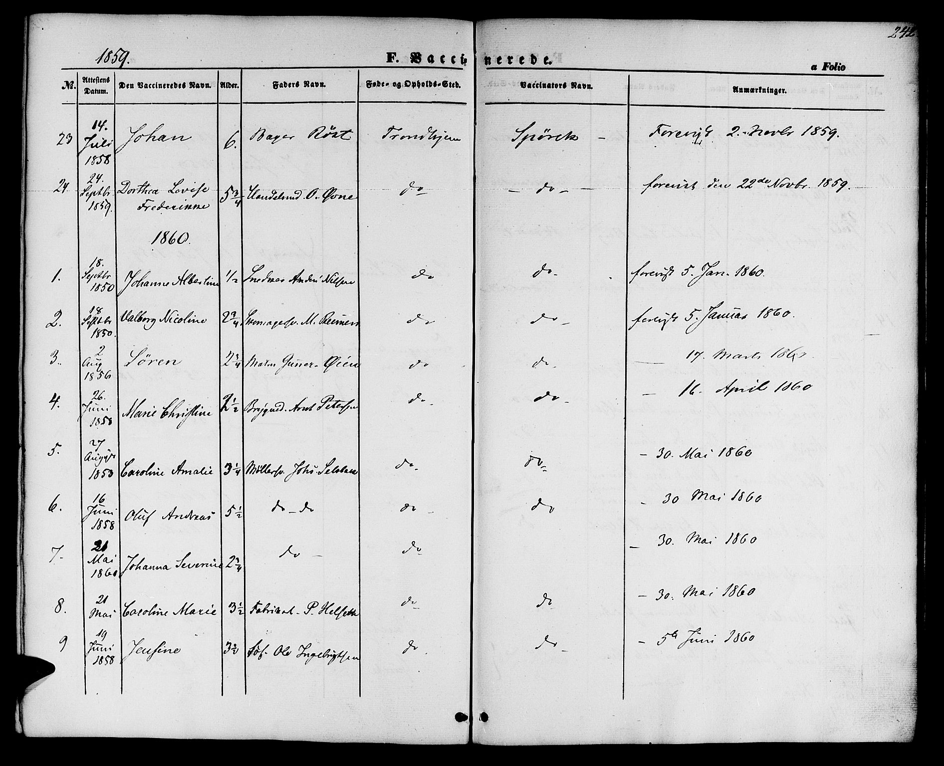 Ministerialprotokoller, klokkerbøker og fødselsregistre - Sør-Trøndelag, SAT/A-1456/604/L0184: Parish register (official) no. 604A05, 1851-1860, p. 242
