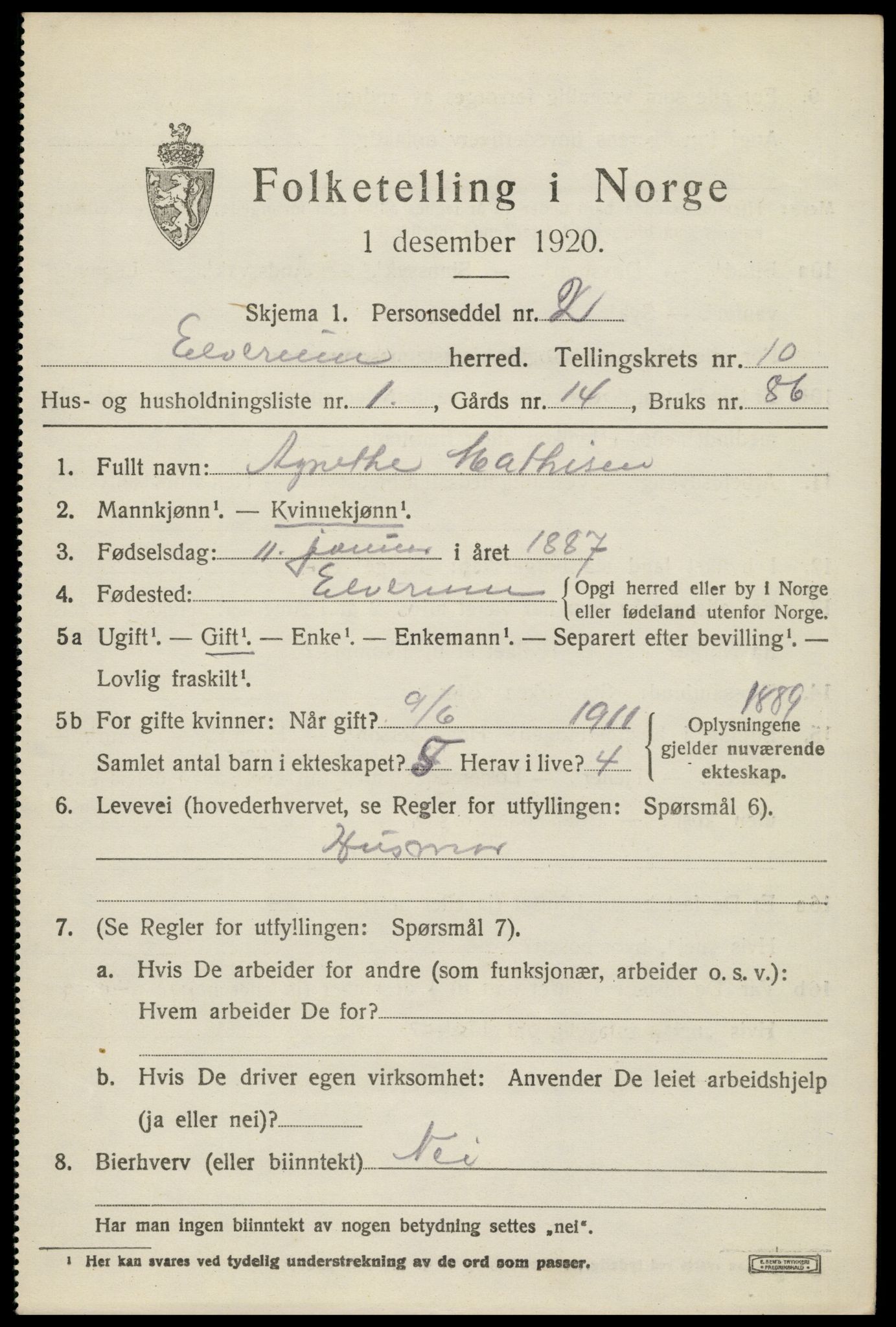 SAH, 1920 census for Elverum, 1920, p. 15836