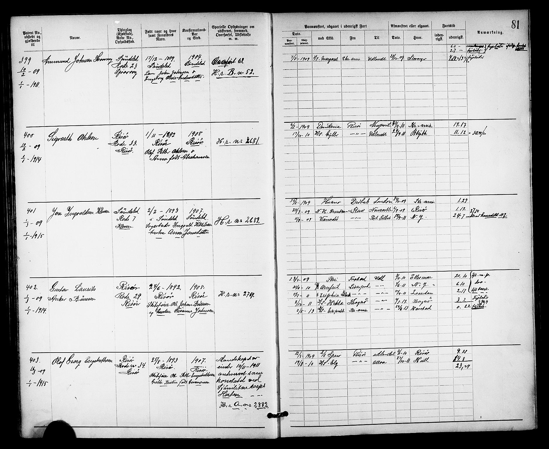 Risør mønstringskrets, SAK/2031-0010/F/Fa/L0004: Annotasjonsrulle nr 1914-1915 og nr 1-477, T-8, 1899-1911, p. 87