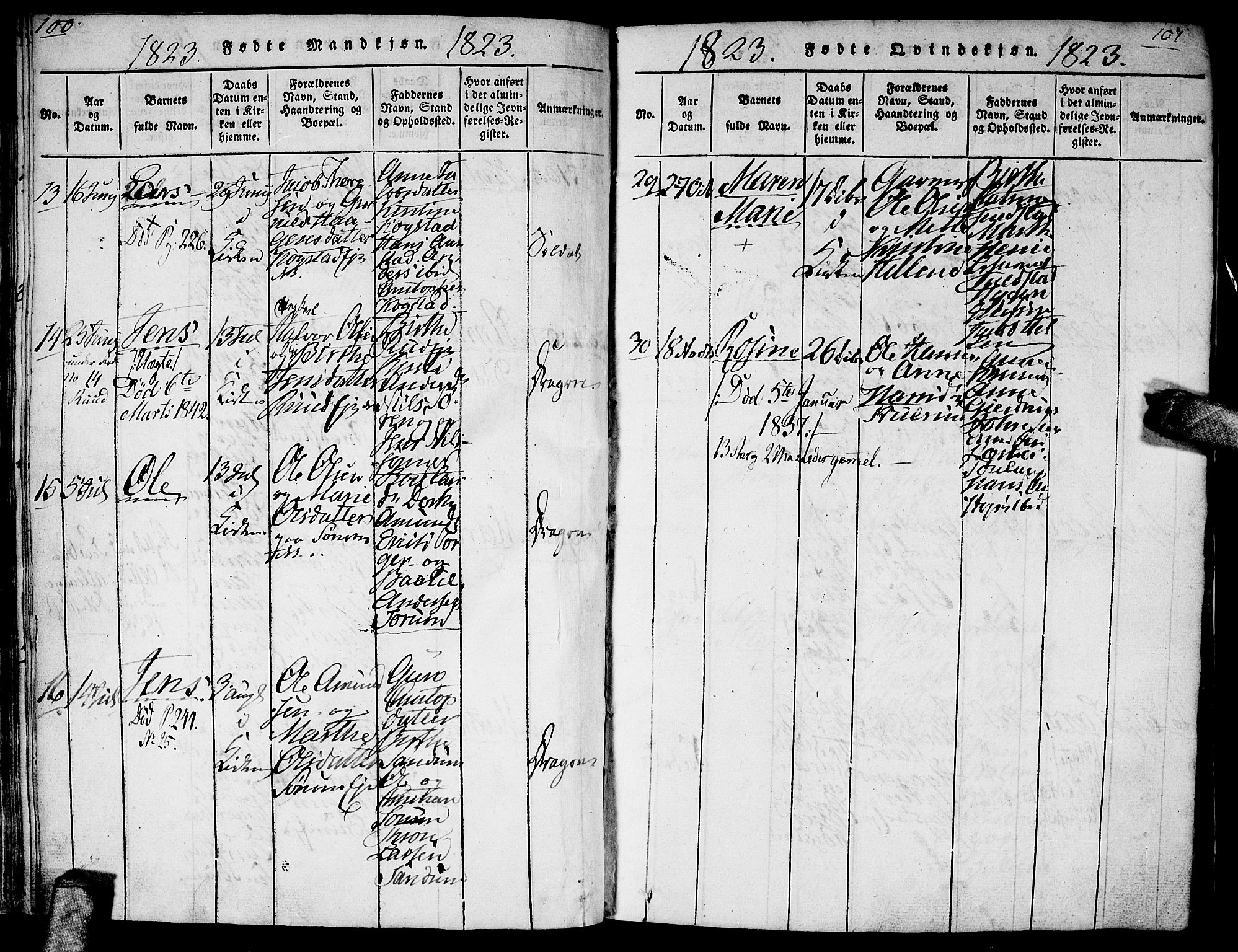 Gjerdrum prestekontor Kirkebøker, AV/SAO-A-10412b/G/Ga/L0001: Parish register (copy) no. I 1, 1816-1837, p. 100-101