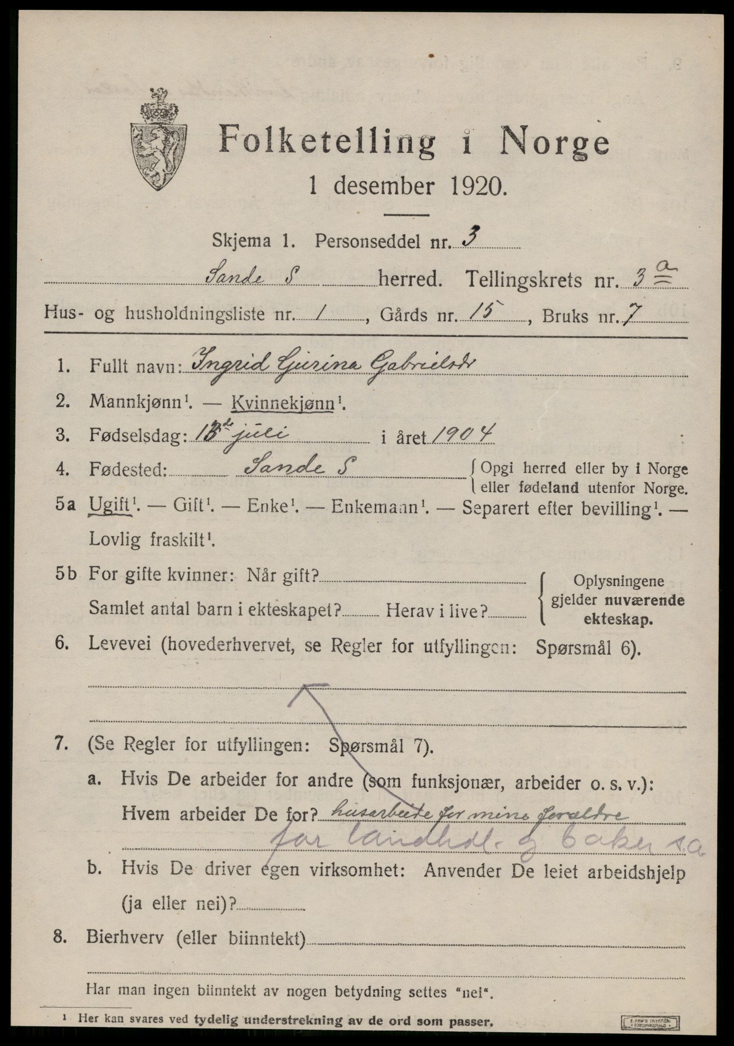 SAT, 1920 census for Sande (MR), 1920, p. 2070