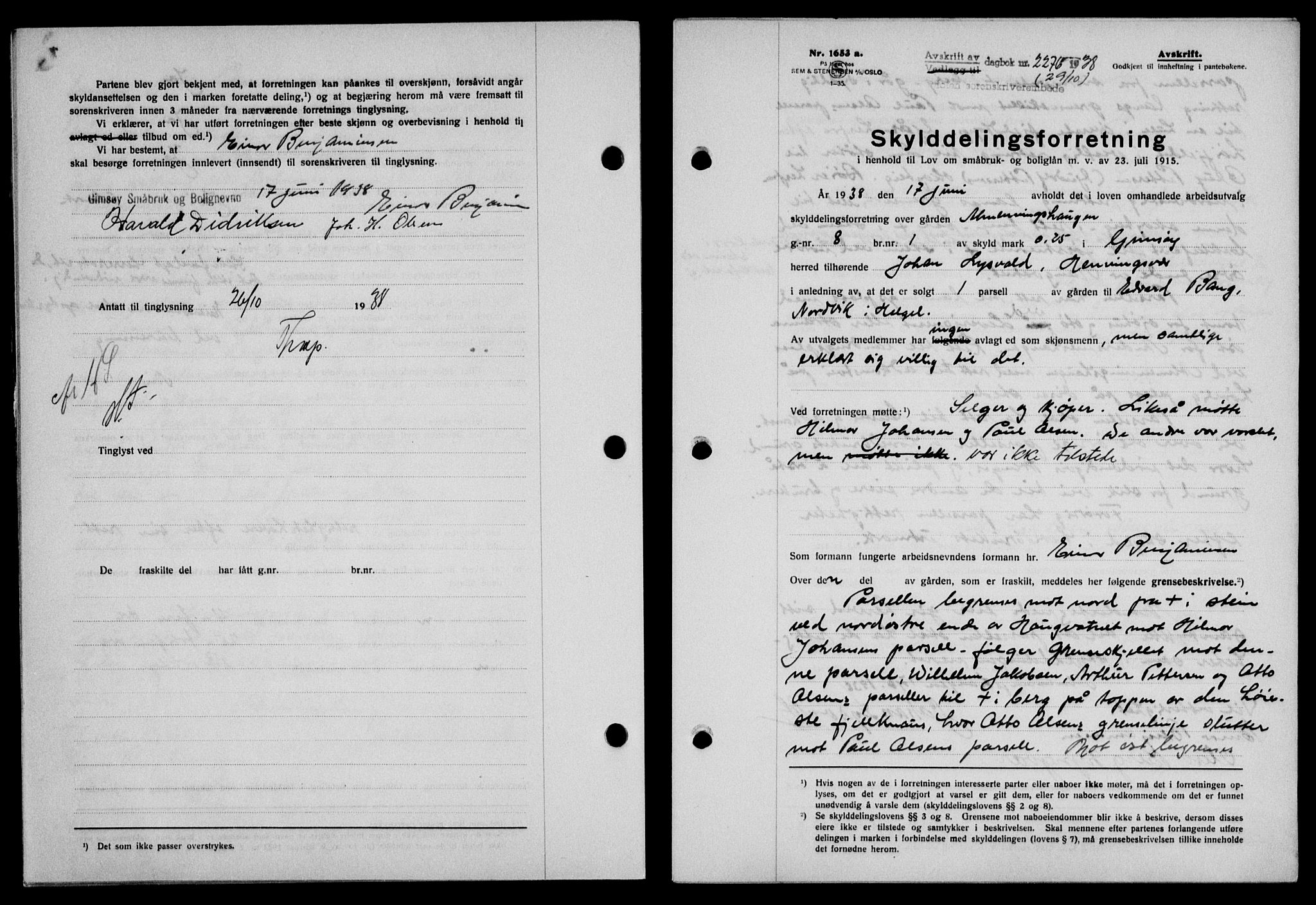 Lofoten sorenskriveri, SAT/A-0017/1/2/2C/L0004a: Mortgage book no. 4a, 1938-1938, Diary no: : 2278/1938