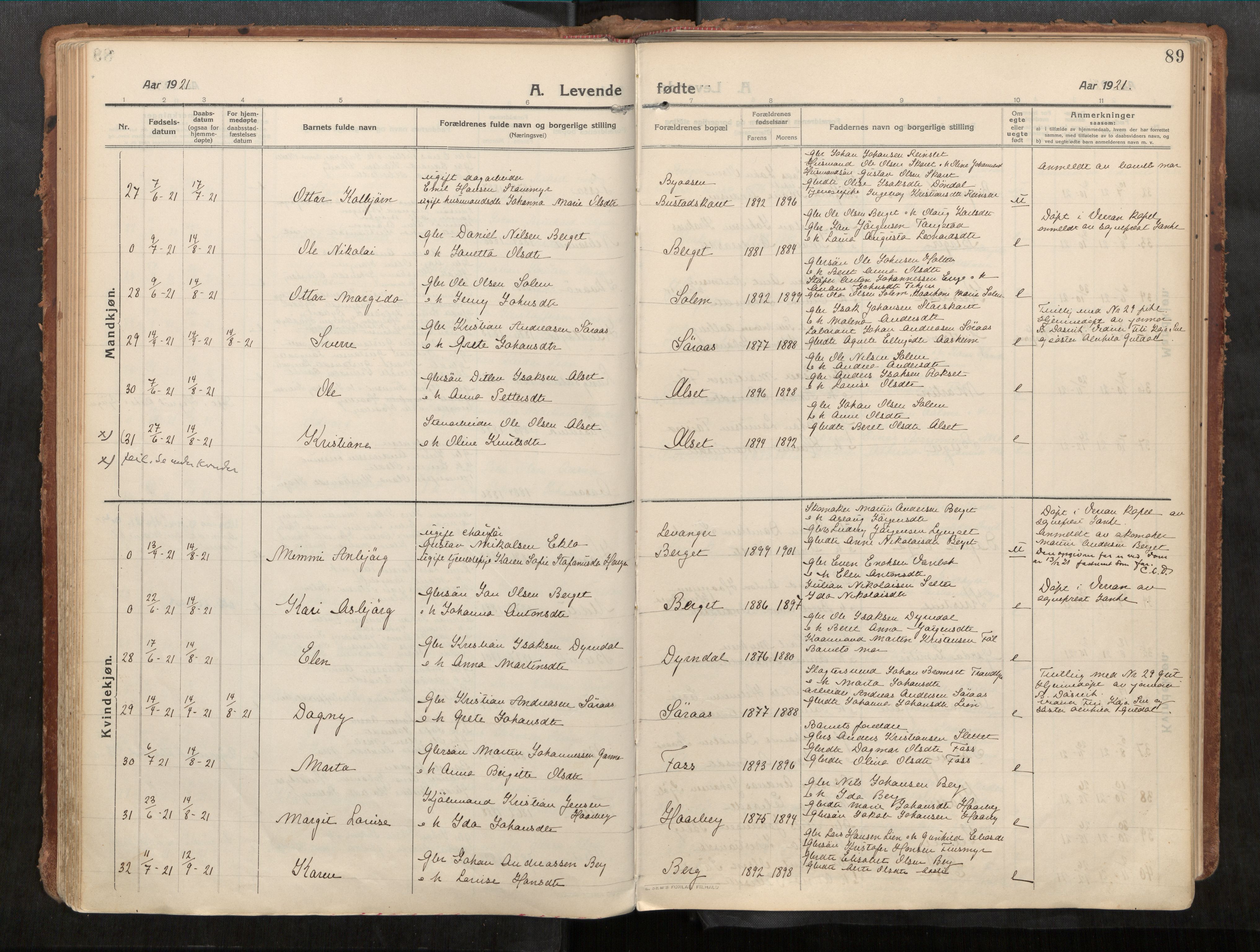 Stadsbygd sokneprestkontor, AV/SAT-A-1117/1/I/I1/I1a/L0001: Parish register (official) no. 1, 1911-1929, p. 89