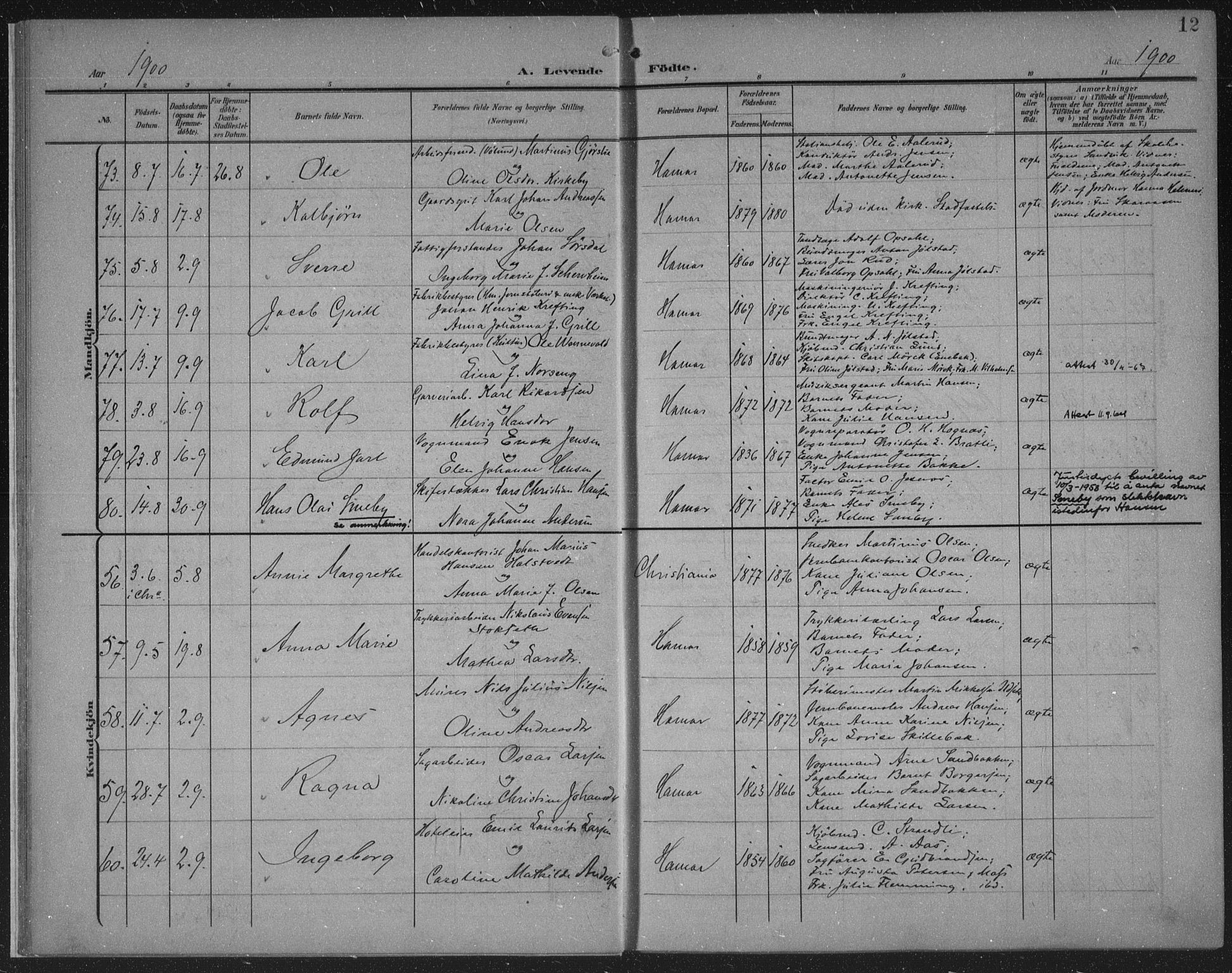 Hamar prestekontor, AV/SAH-DOMPH-002/H/Ha/Haa/L0001: Parish register (official) no. 1, 1900-1914, p. 12