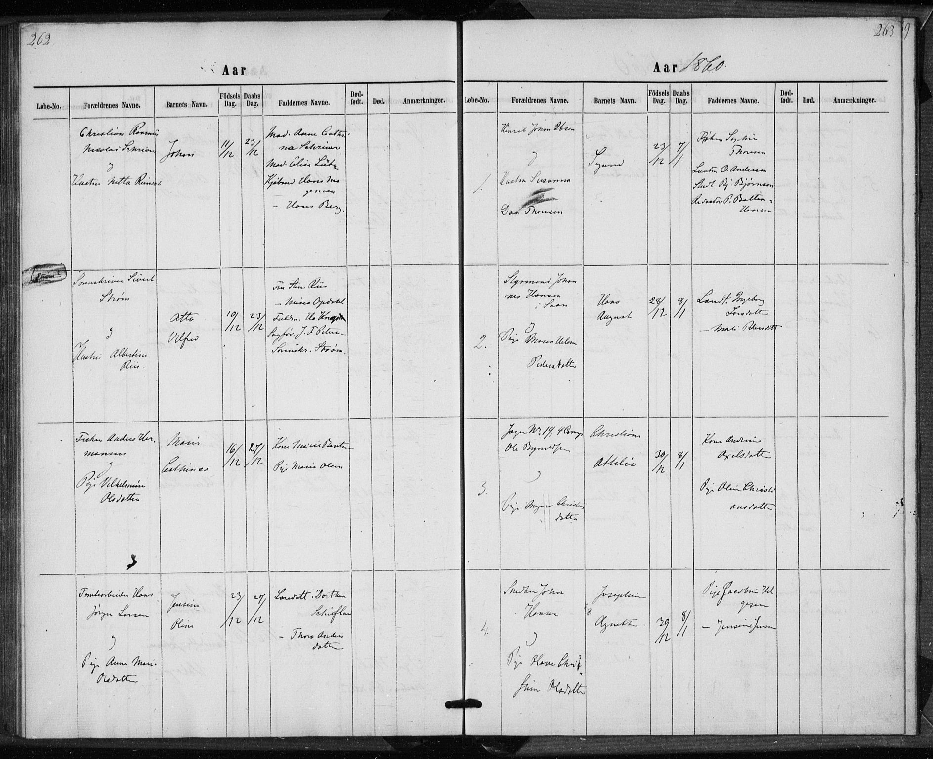 Rikshospitalet prestekontor Kirkebøker, SAO/A-10309b/K/L0002/0001: Baptism register no. 2.1, 1854-1860, p. 262-263