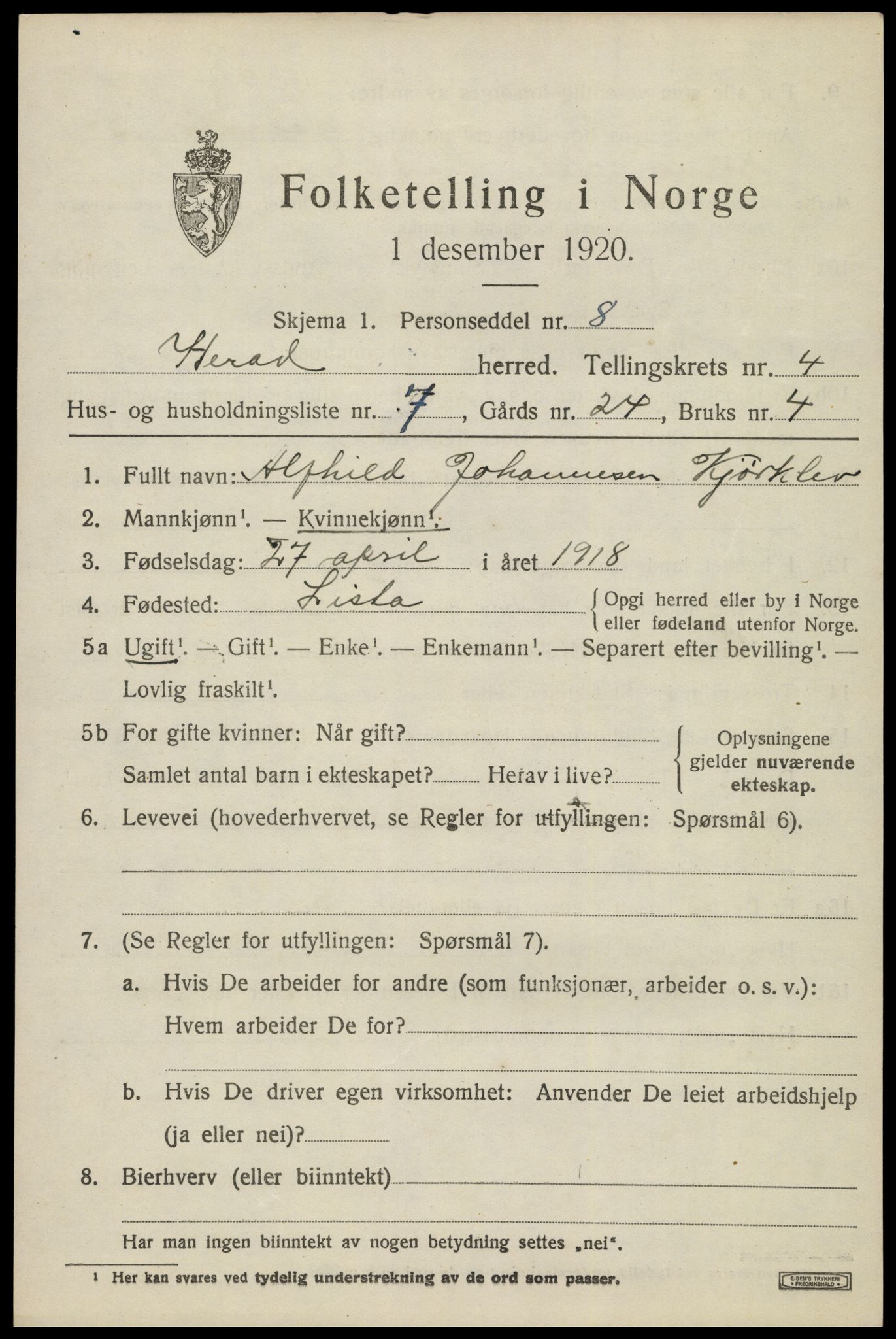 SAK, 1920 census for Herad, 1920, p. 1802
