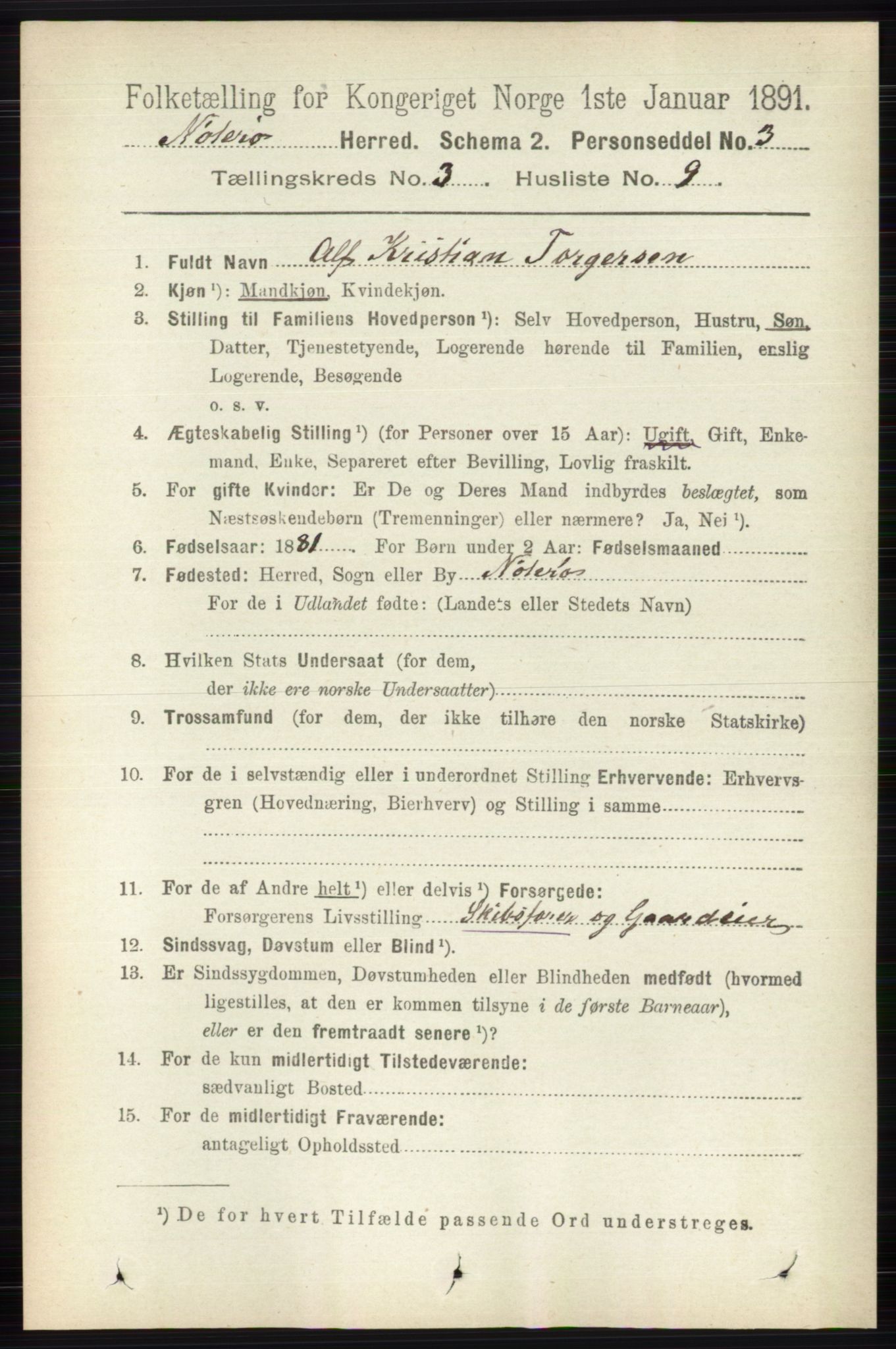 RA, 1891 census for 0722 Nøtterøy, 1891, p. 1591