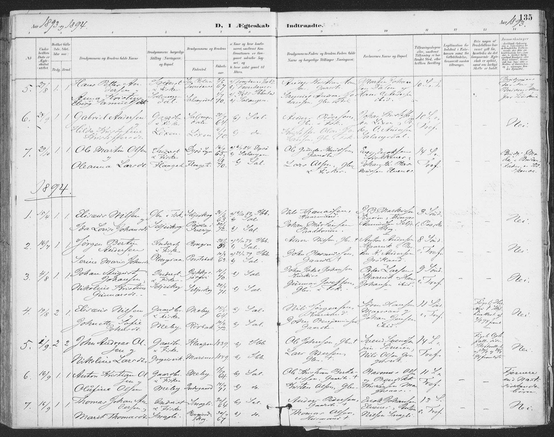 Ibestad sokneprestembete, AV/SATØ-S-0077/H/Ha/Haa/L0015kirke: Parish register (official) no. 15, 1888-1899, p. 135