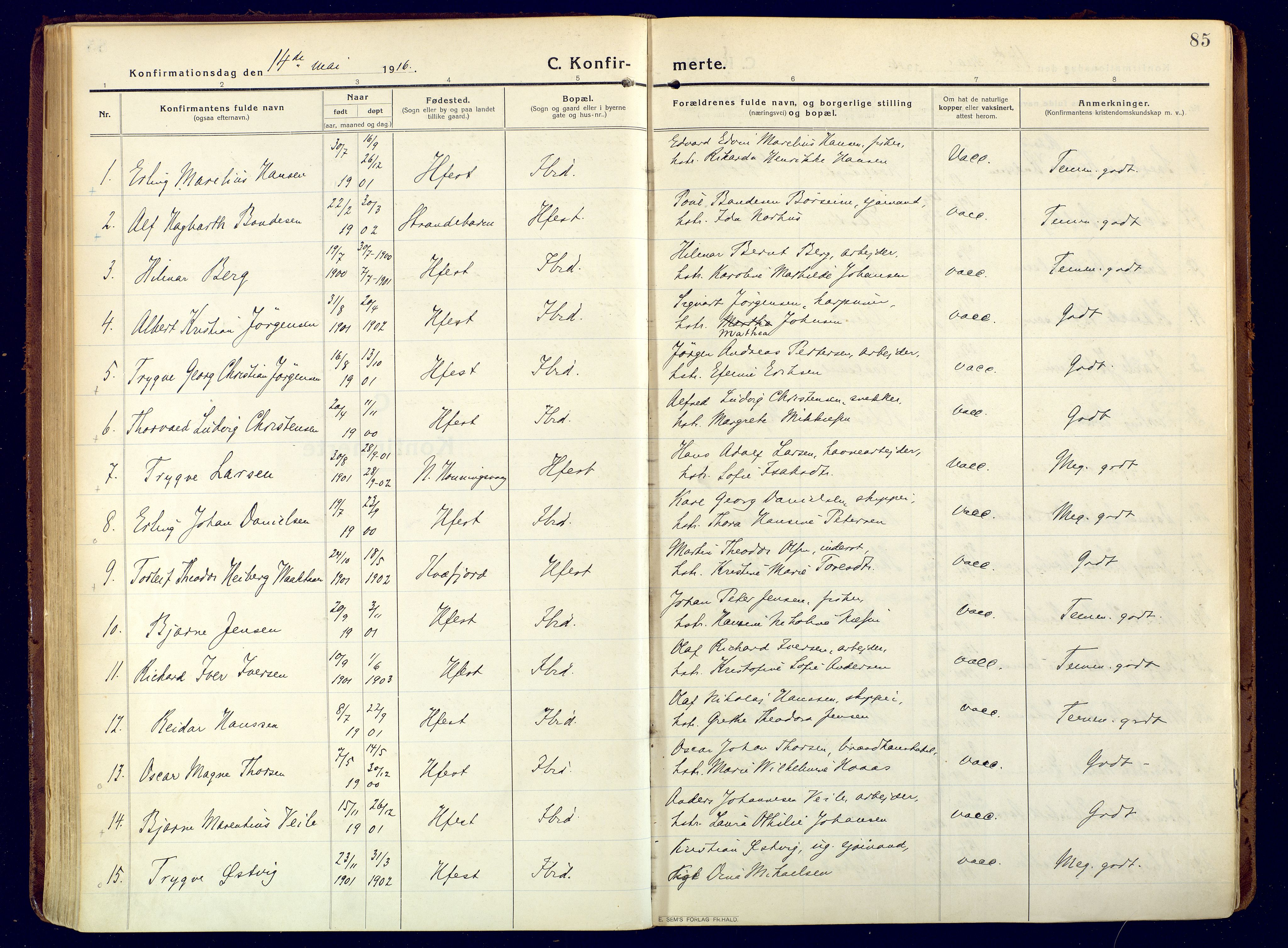 Hammerfest sokneprestkontor, AV/SATØ-S-1347/H/Ha/L0015.kirke: Parish register (official) no. 15, 1916-1923, p. 85