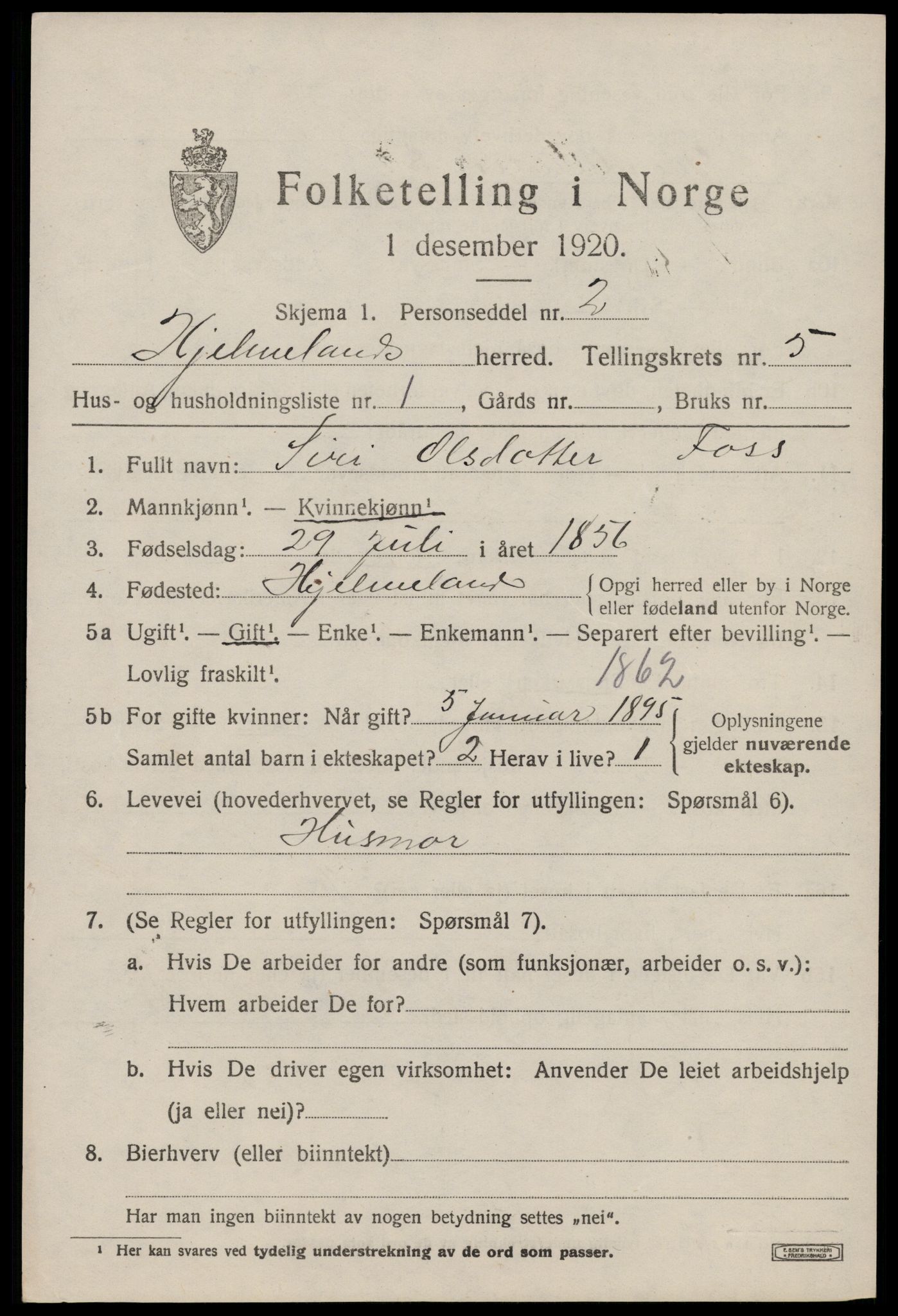 SAST, 1920 census for Hjelmeland, 1920, p. 1817