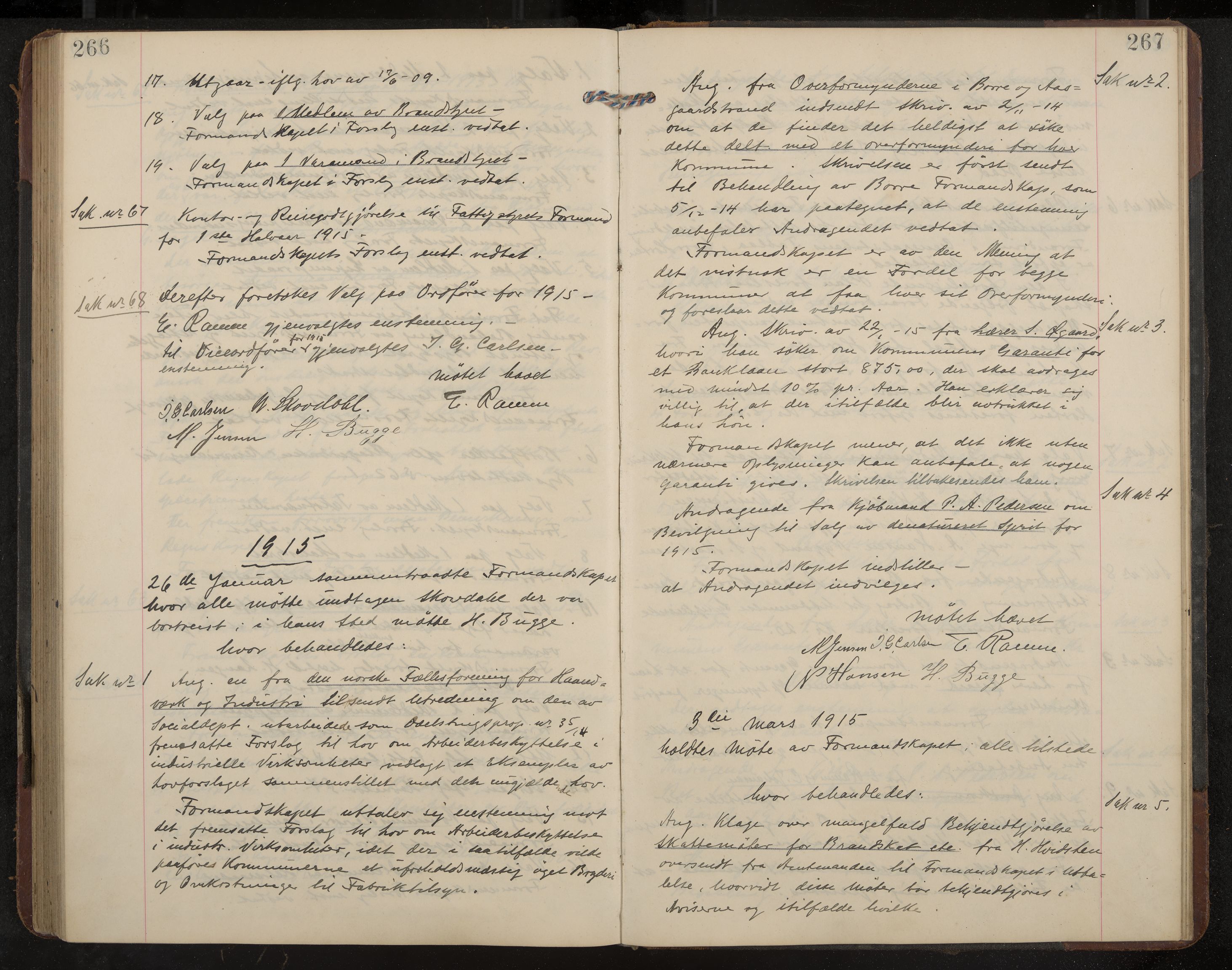 Åsgårdstrand formannskap og sentraladministrasjon, IKAK/0704021/A/L0004: Møtebok med register, 1908-1915, p. 266-267