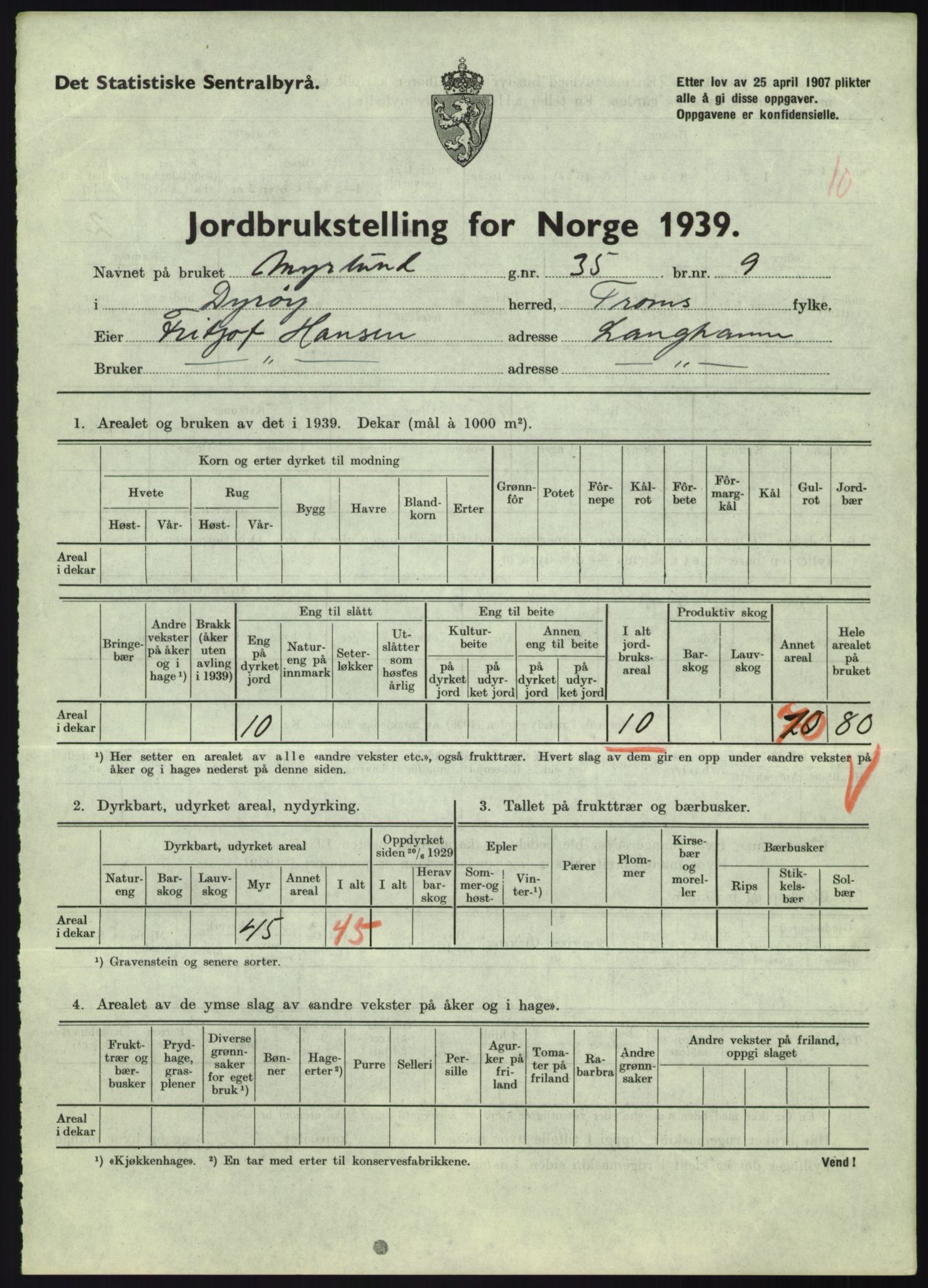 Statistisk sentralbyrå, Næringsøkonomiske emner, Jordbruk, skogbruk, jakt, fiske og fangst, AV/RA-S-2234/G/Gb/L0340: Troms: Salangen og Dyrøy, 1939, p. 872