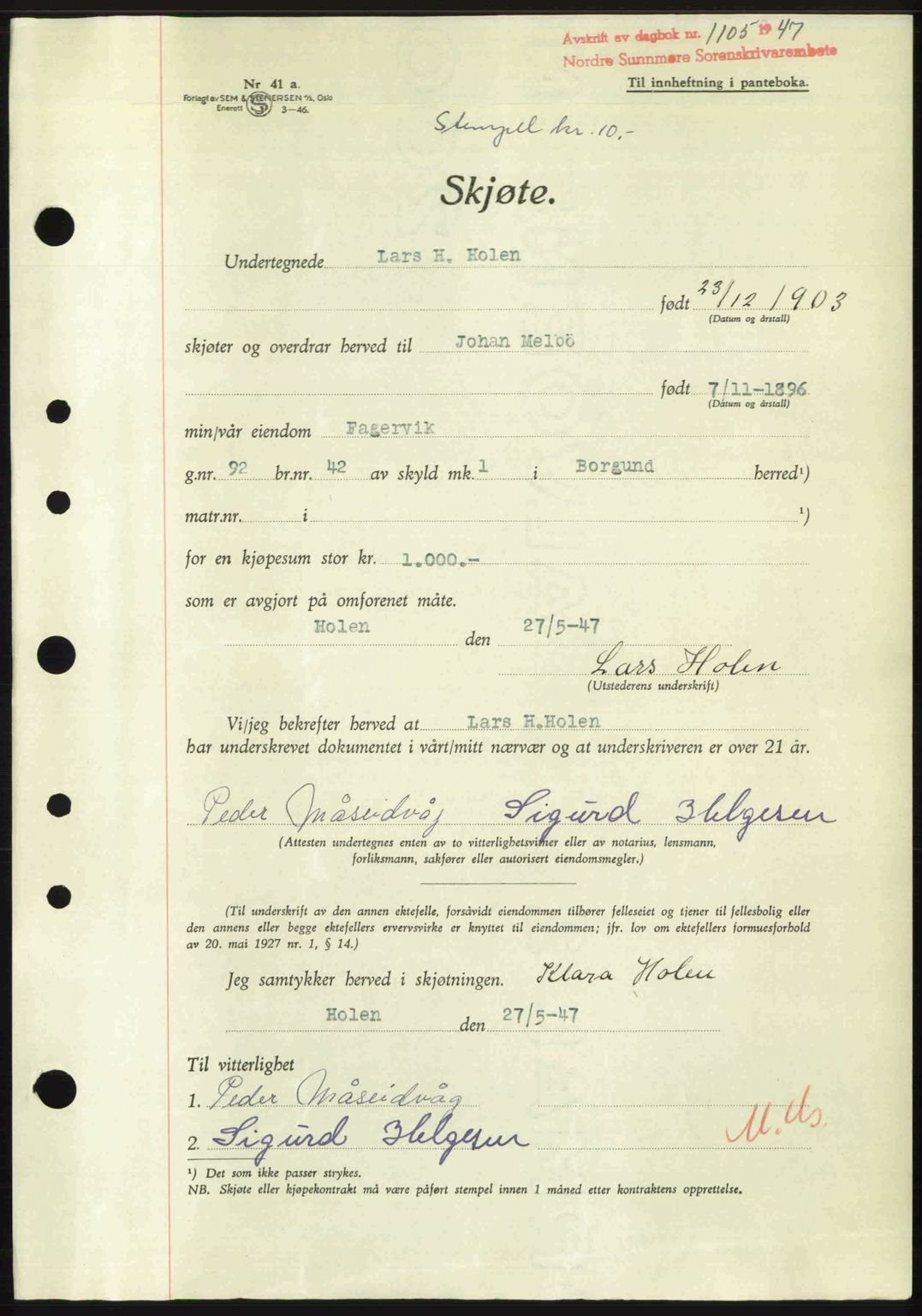 Nordre Sunnmøre sorenskriveri, AV/SAT-A-0006/1/2/2C/2Ca: Mortgage book no. A24, 1947-1947, Diary no: : 1105/1947