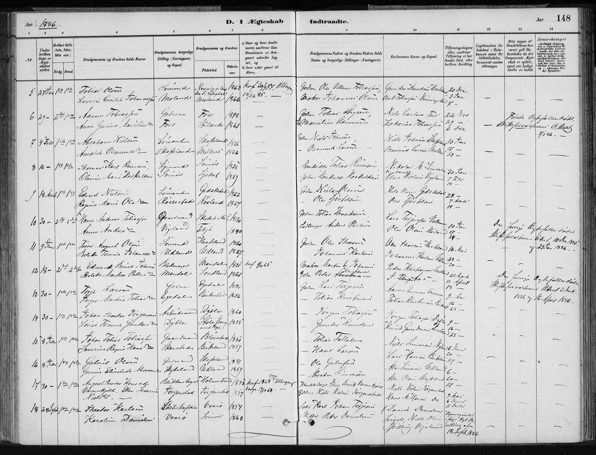 Sør-Audnedal sokneprestkontor, AV/SAK-1111-0039/F/Fa/Fab/L0009: Parish register (official) no. A 9, 1880-1895, p. 148