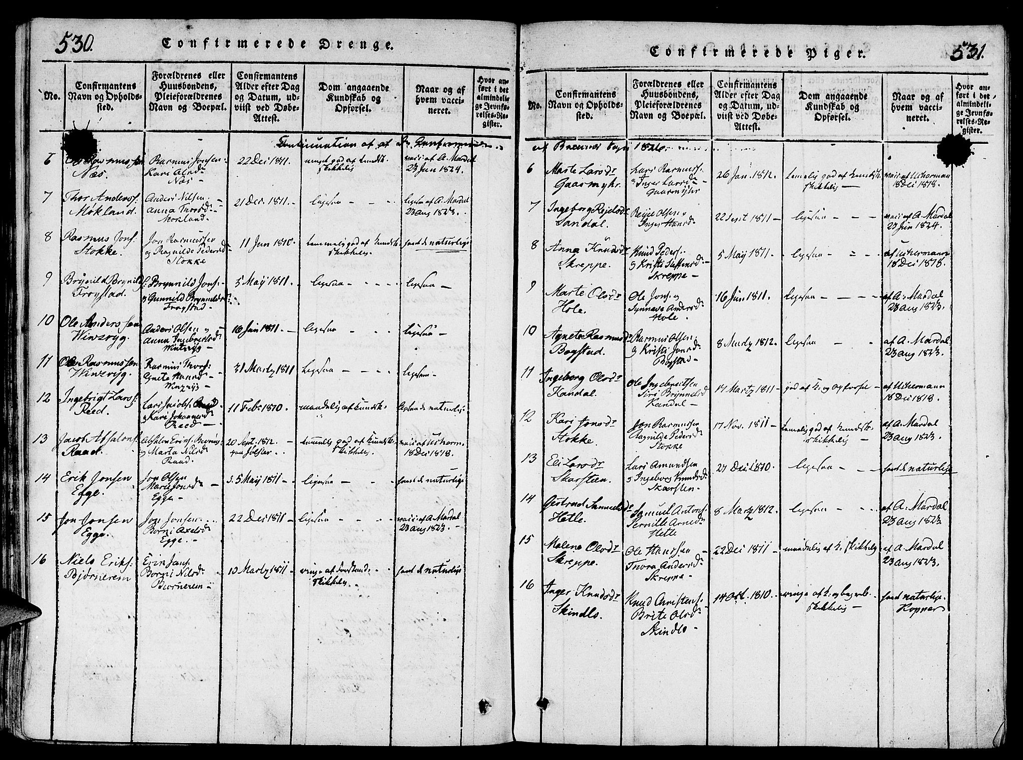 Gloppen sokneprestembete, SAB/A-80101/H/Haa/Haaa/L0006: Parish register (official) no. A 6, 1816-1826, p. 530-531