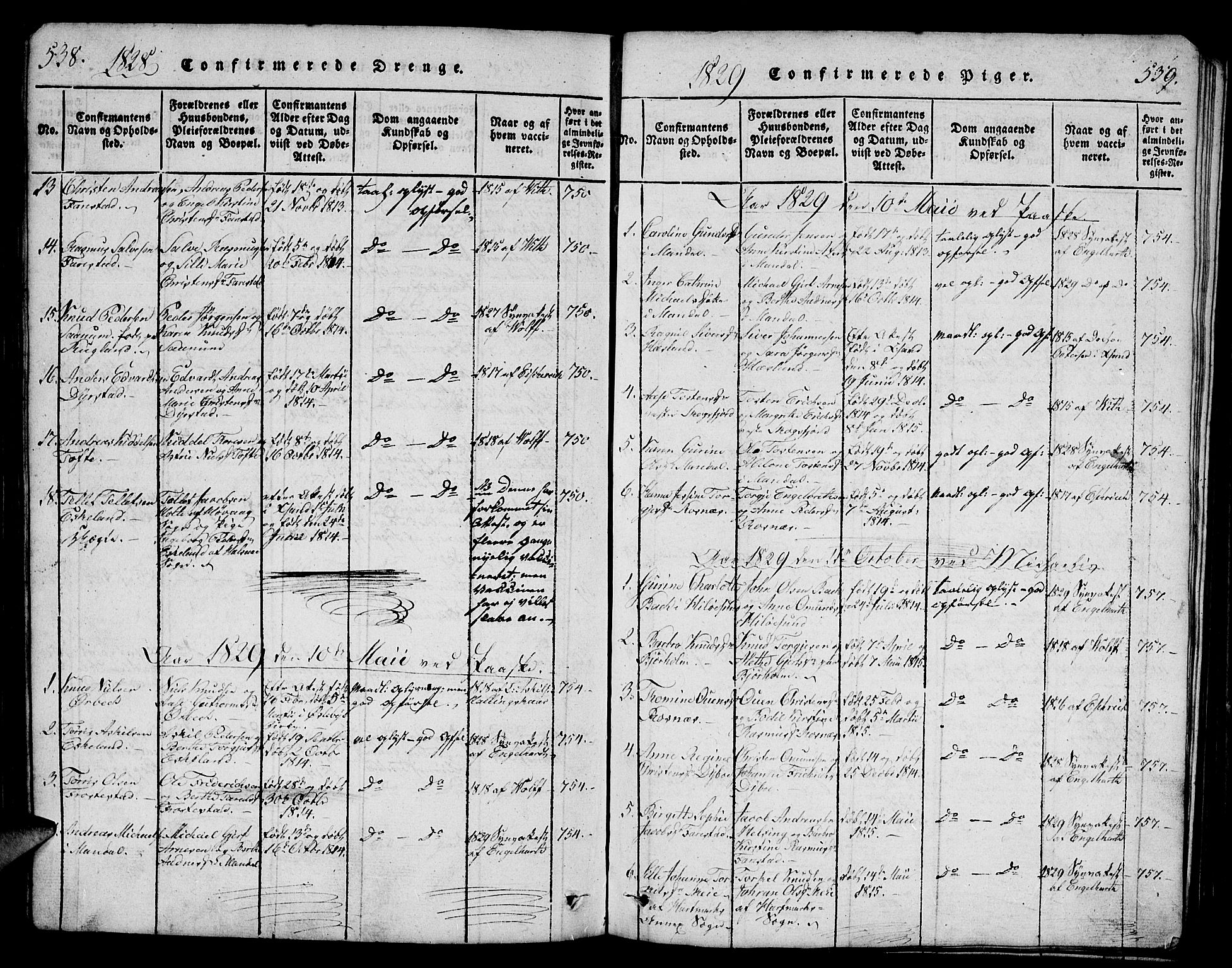 Mandal sokneprestkontor, SAK/1111-0030/F/Fb/Fba/L0001: Parish register (copy) no. B 1, 1818-1830, p. 538-539