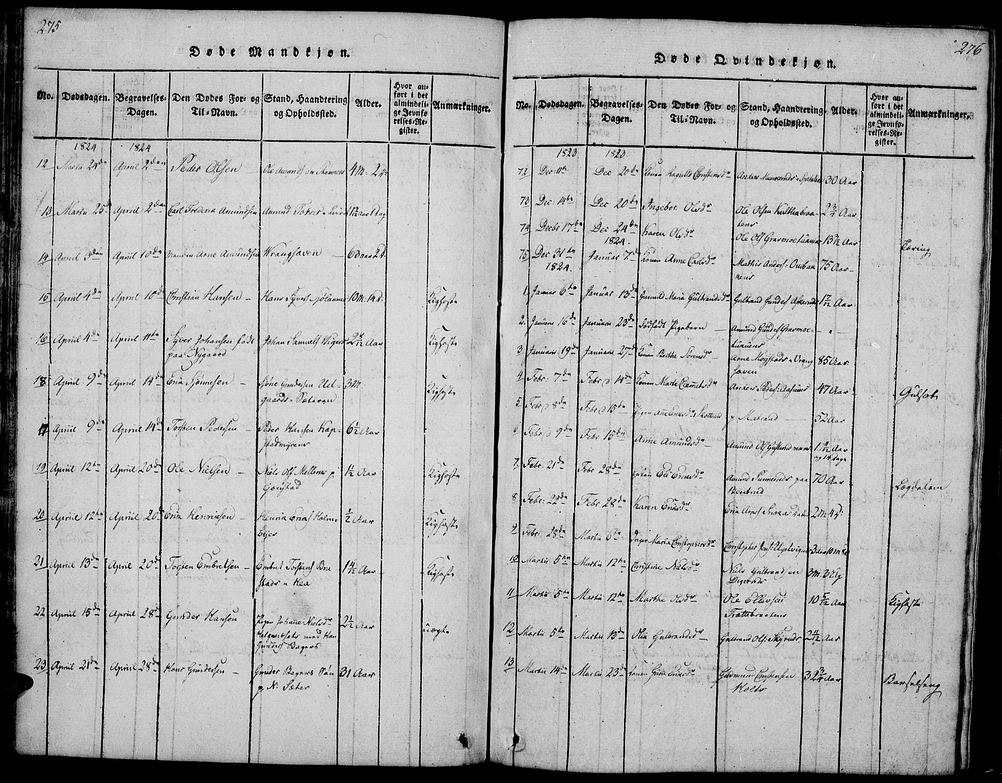 Vinger prestekontor, SAH/PREST-024/H/Ha/Hab/L0001: Parish register (copy) no. 1, 1814-1825, p. 275-276
