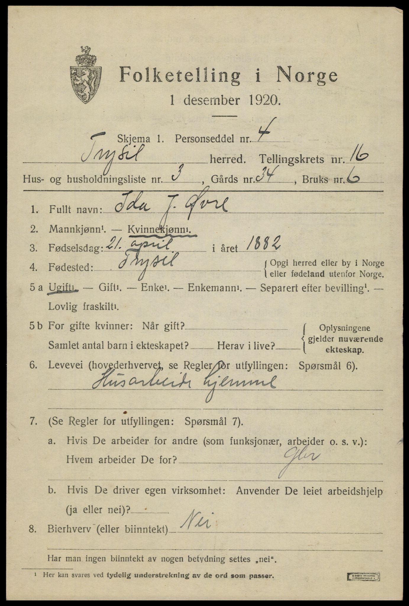 SAH, 1920 census for Trysil, 1920, p. 9461