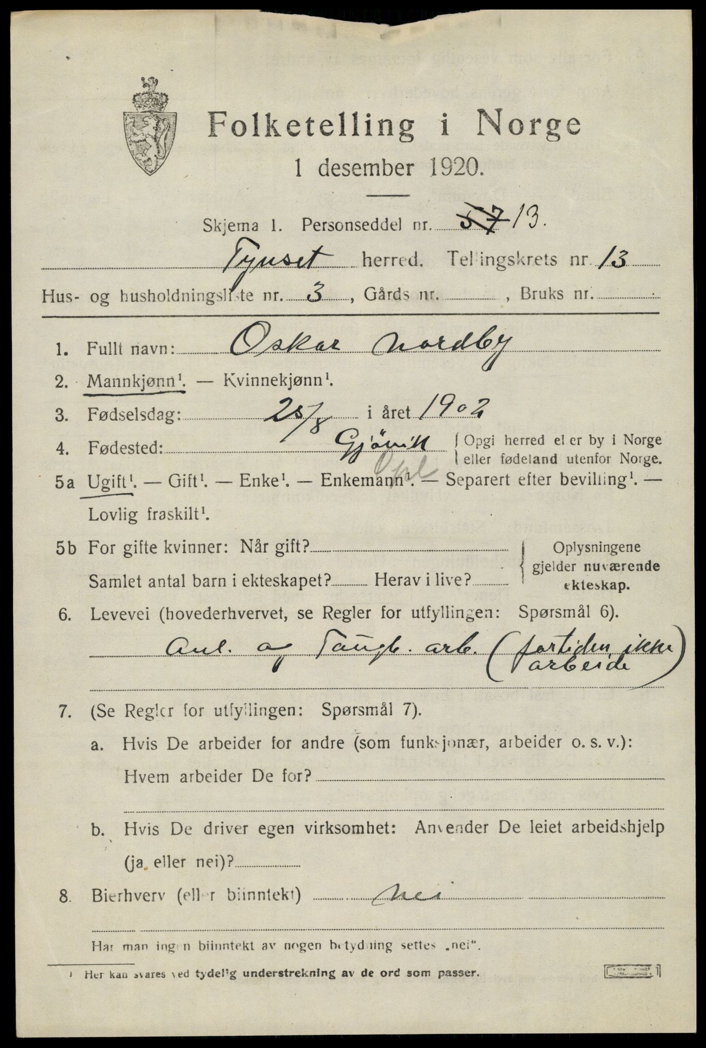 SAH, 1920 census for Tynset, 1920, p. 8612