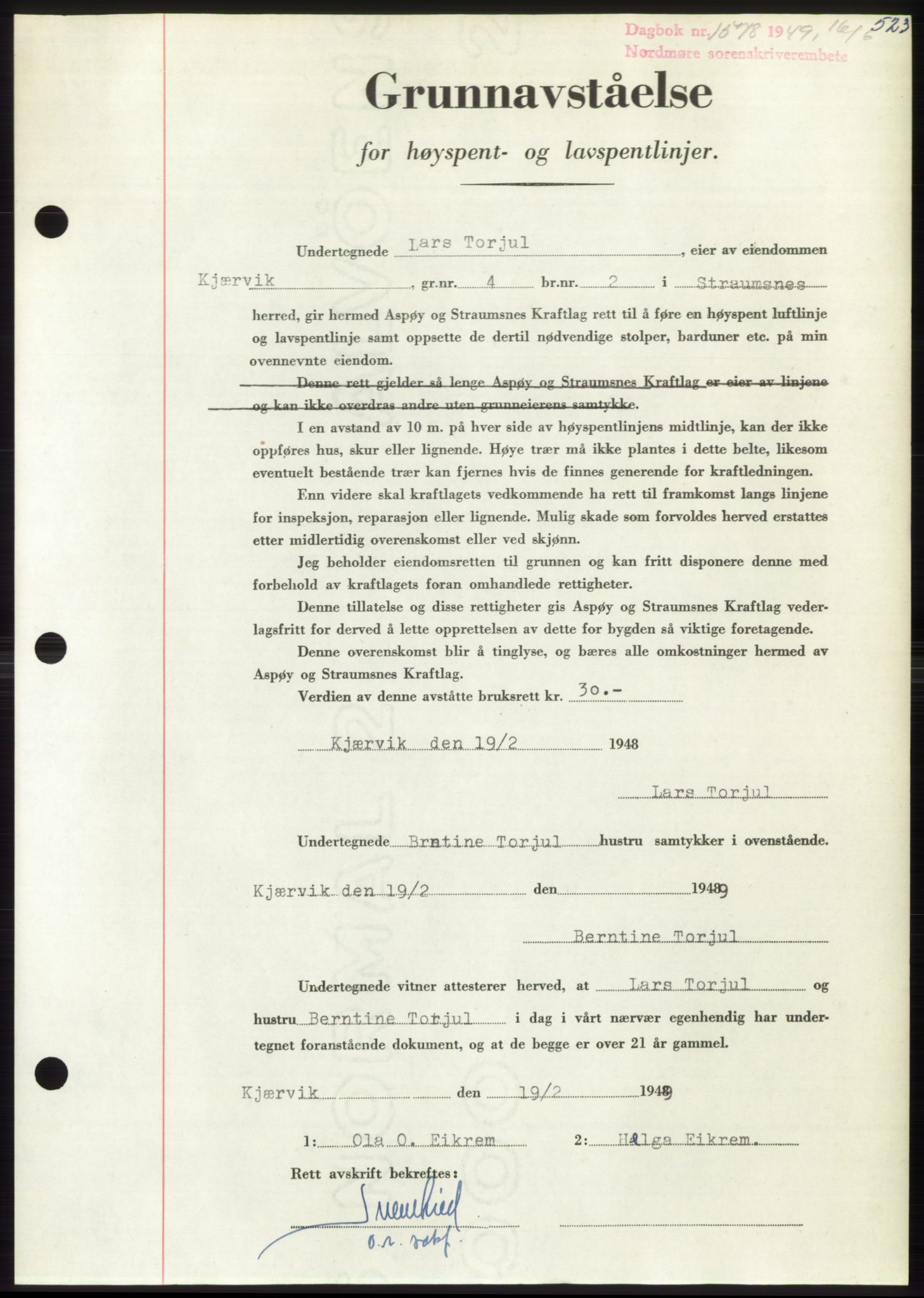 Nordmøre sorenskriveri, AV/SAT-A-4132/1/2/2Ca: Mortgage book no. B101, 1949-1949, Diary no: : 1578/1949