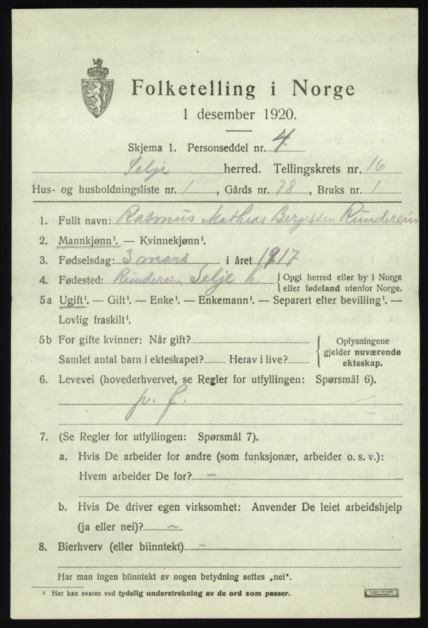 SAB, 1920 census for Selje, 1920, p. 7185