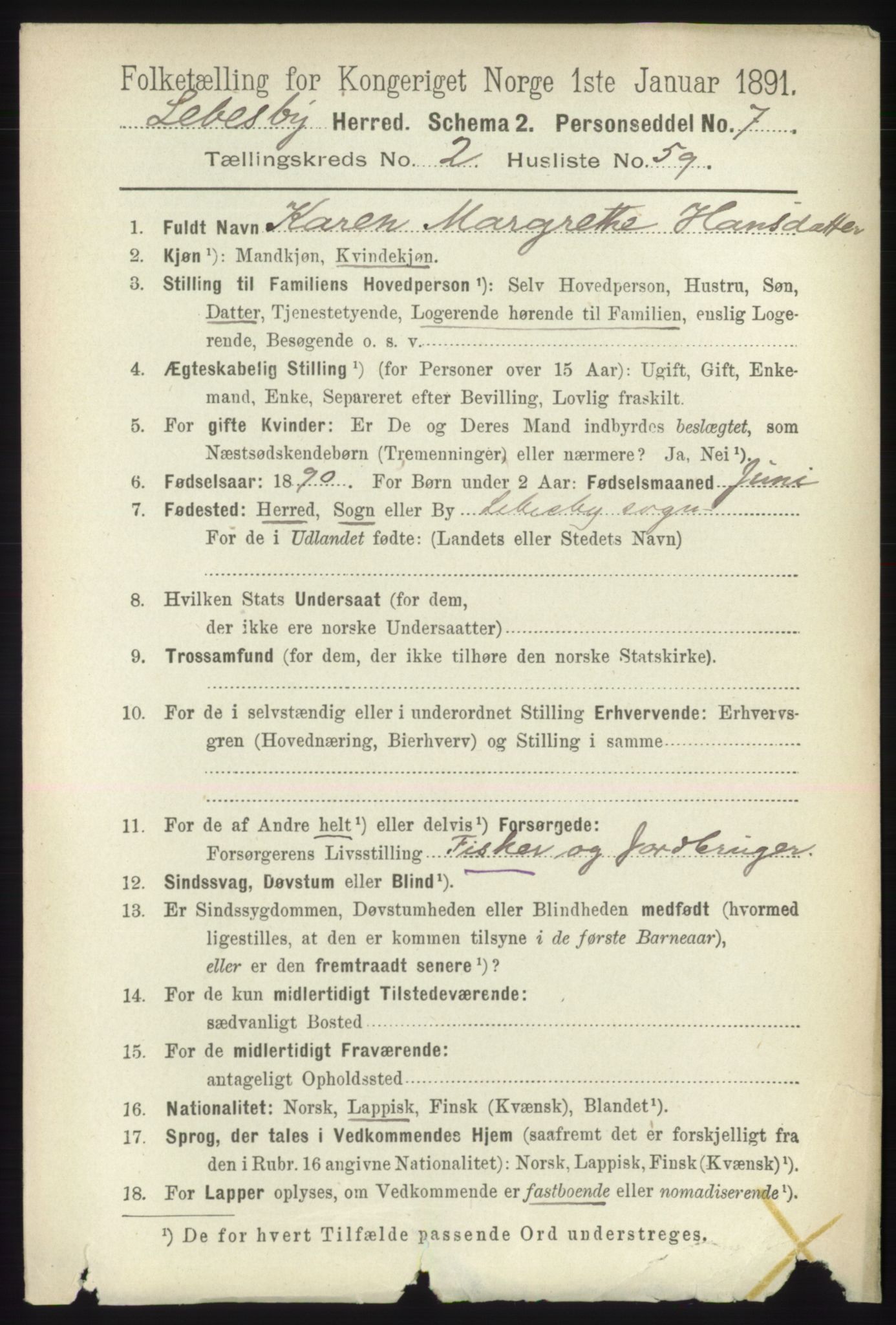 RA, 1891 census for 2022 Lebesby, 1891, p. 676