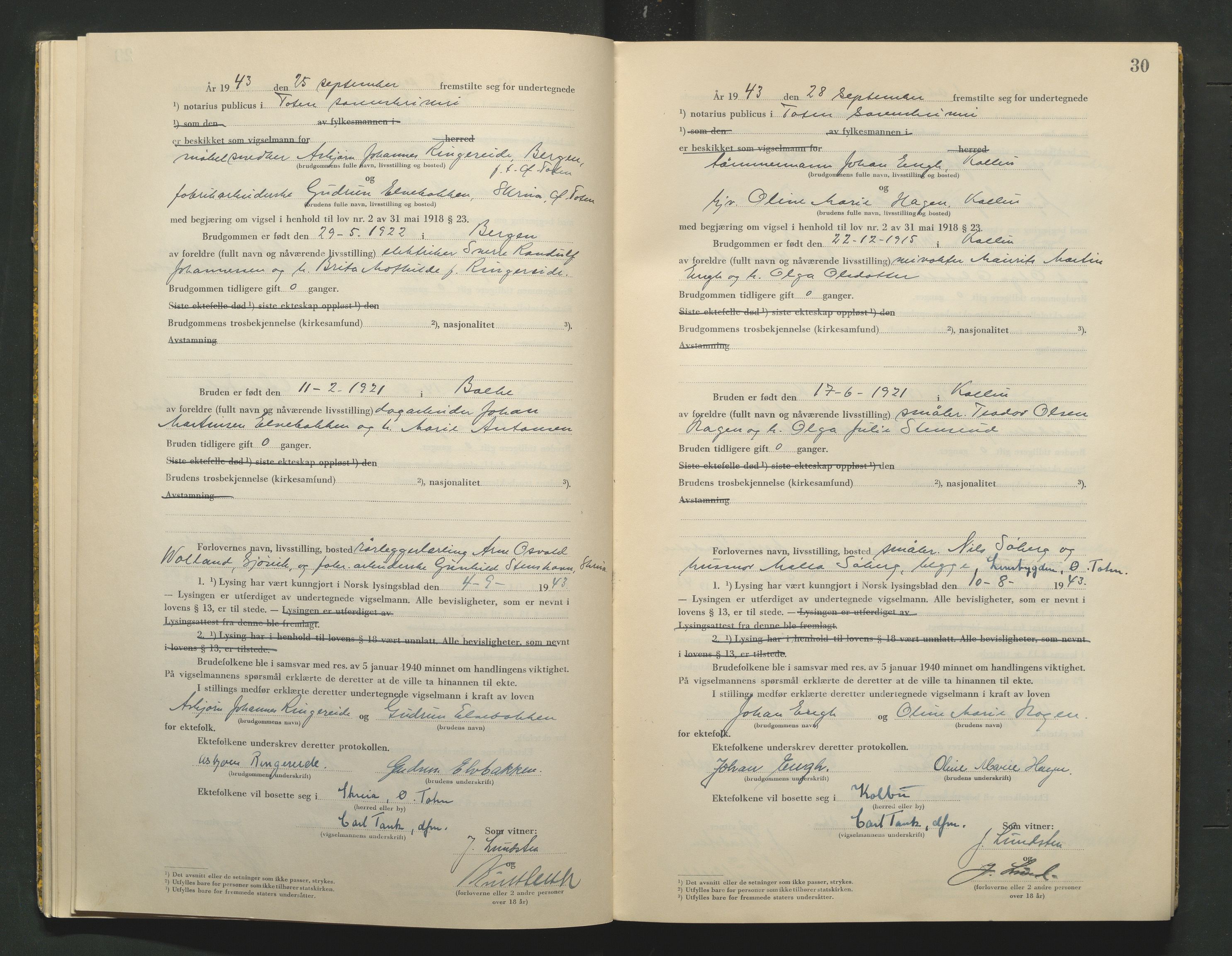 Toten tingrett, AV/SAH-TING-006/L/Lc/L0003: Vigselbok, 1943-1944, p. 30