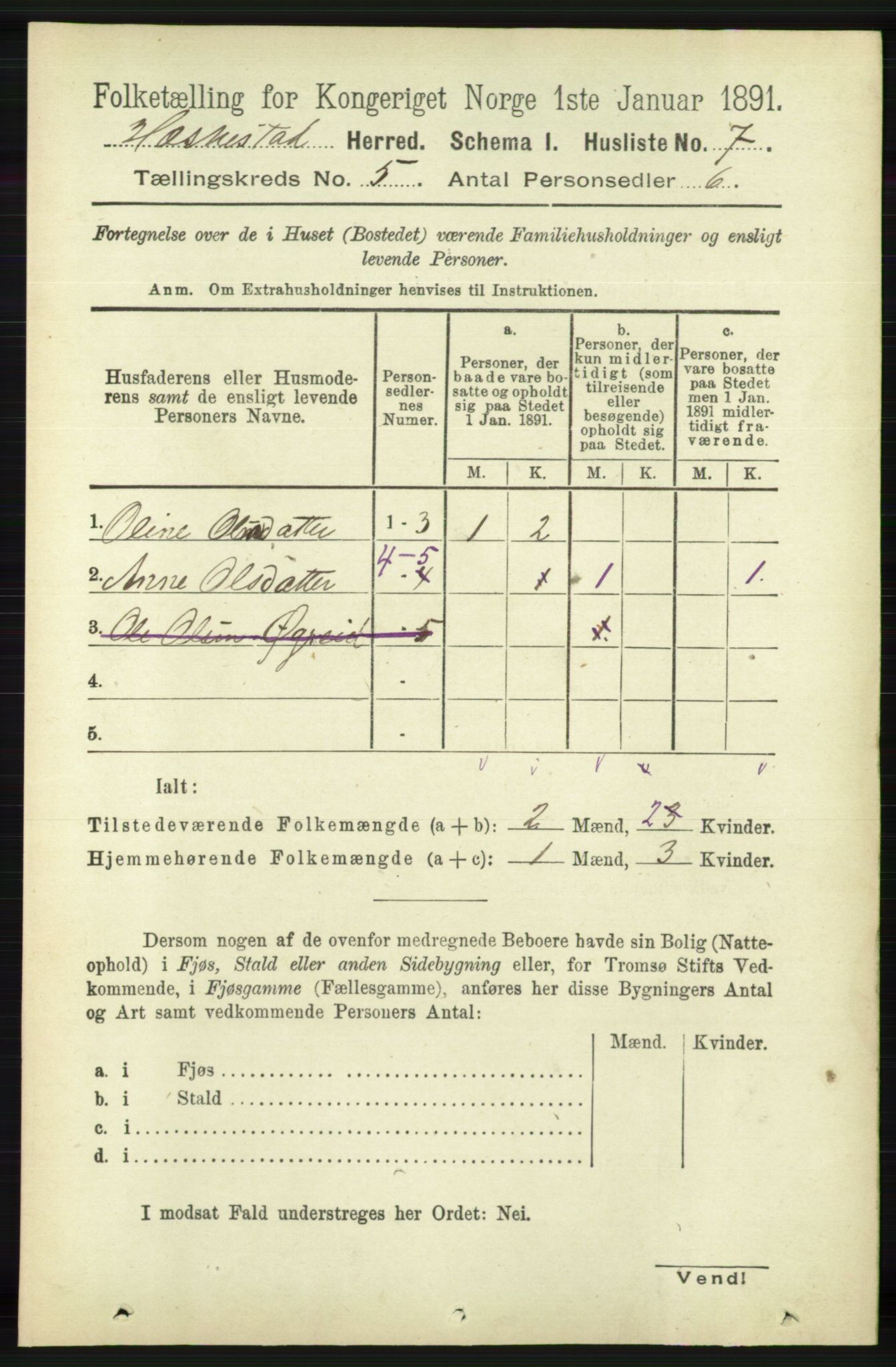 RA, 1891 census for 1113 Heskestad, 1891, p. 852