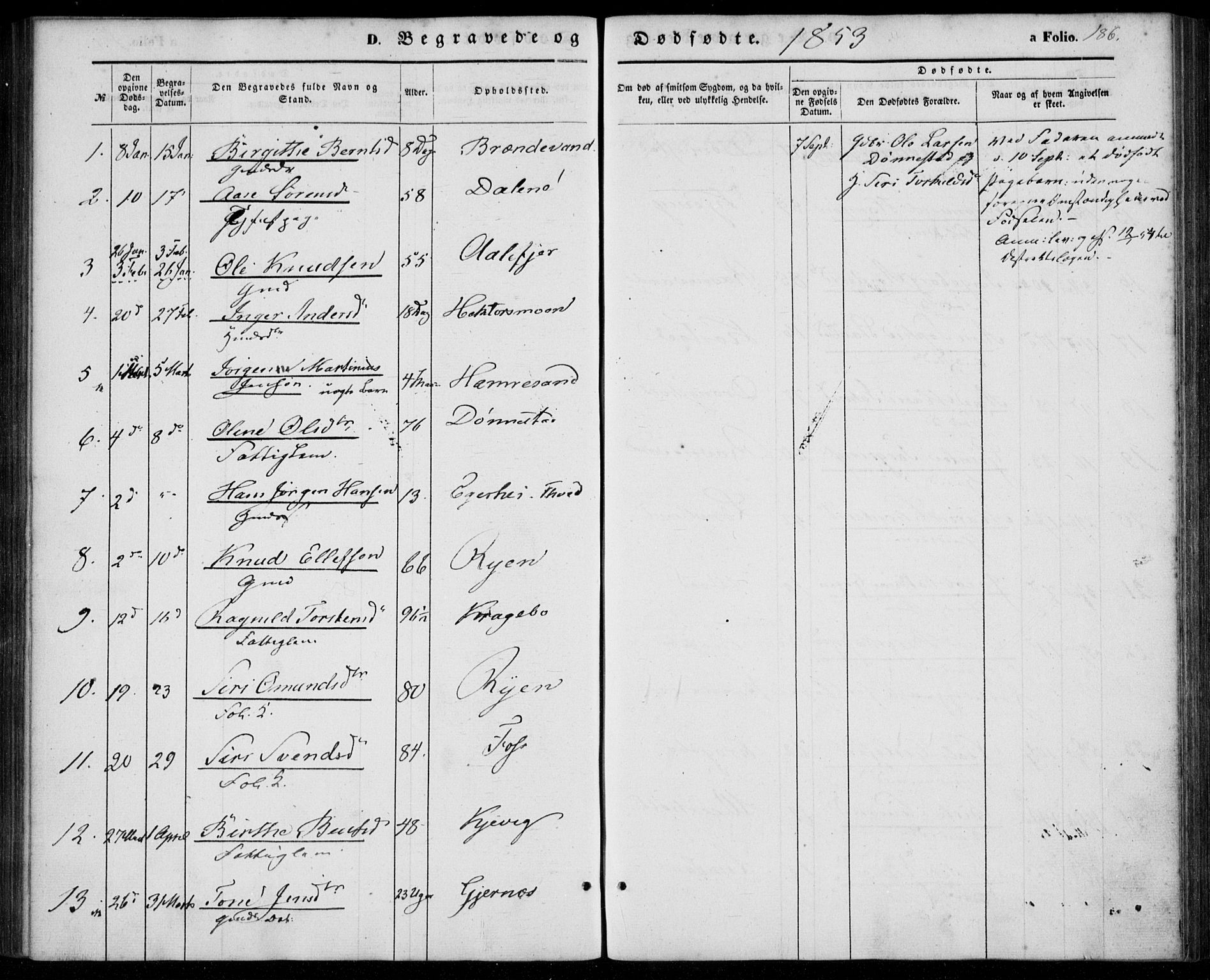 Tveit sokneprestkontor, SAK/1111-0043/F/Fa/L0005: Parish register (official) no. A 5, 1853-1871, p. 186