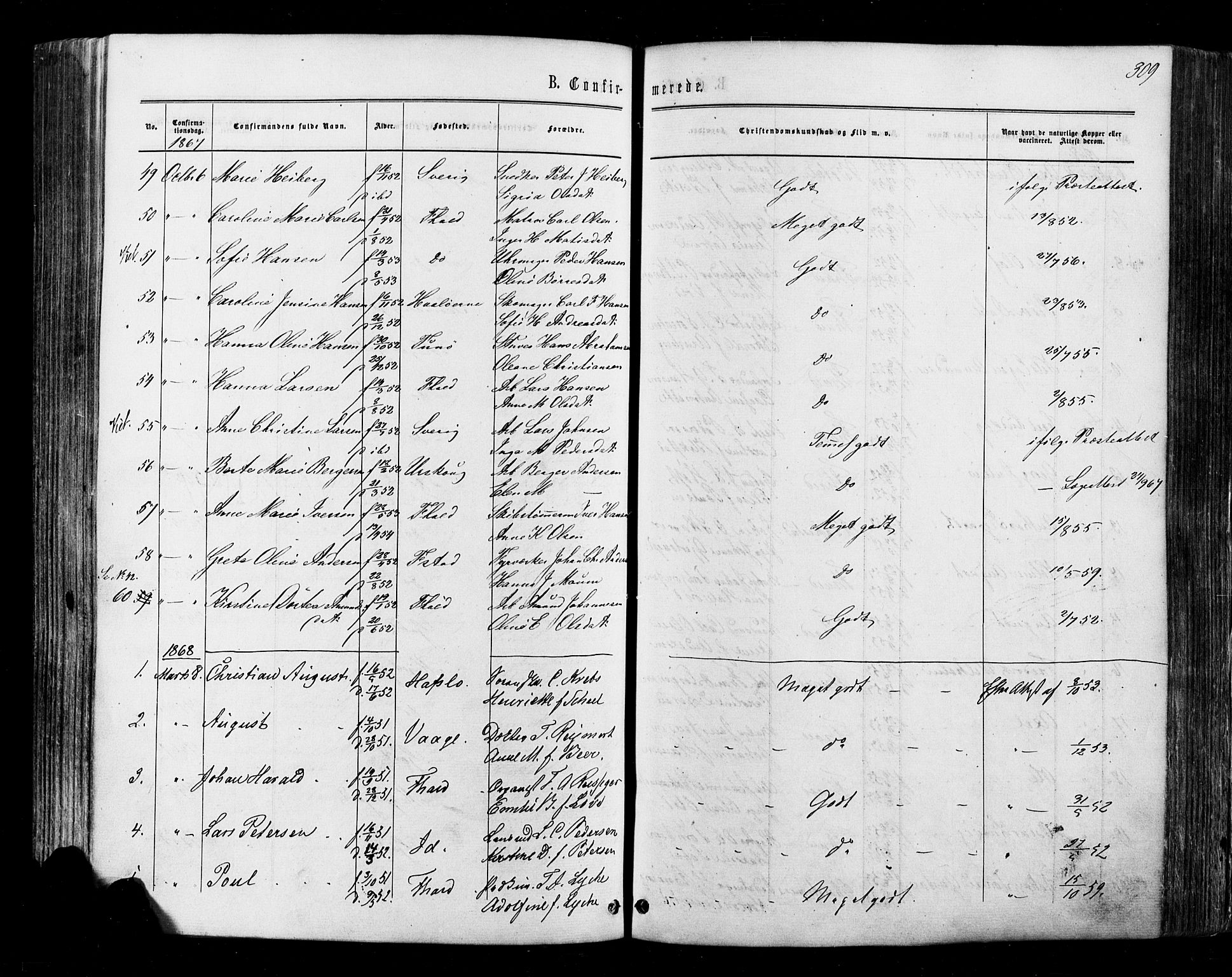 Halden prestekontor Kirkebøker, AV/SAO-A-10909/F/Fa/L0009: Parish register (official) no. I 9, 1866-1877, p. 309