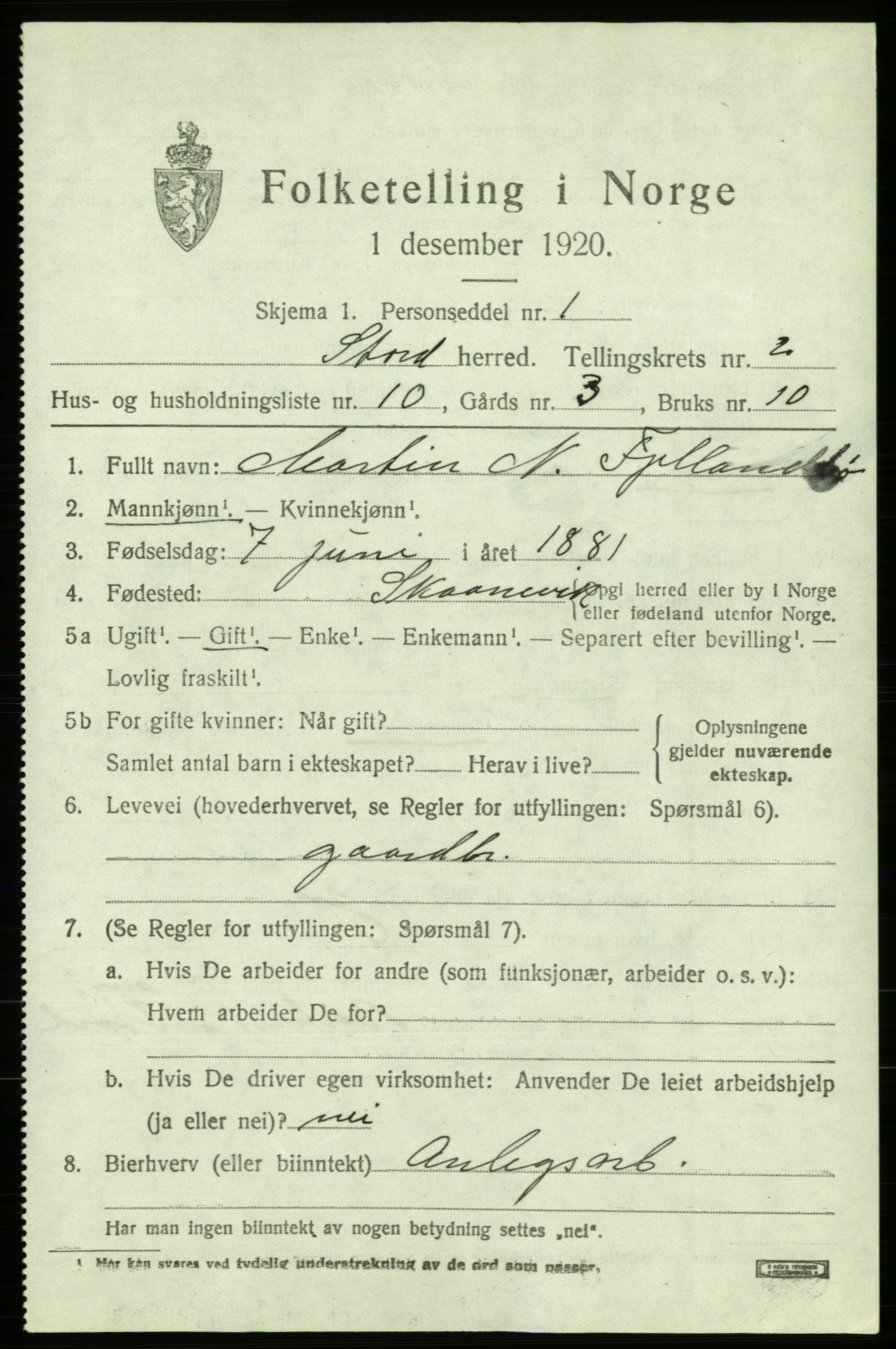 SAB, 1920 census for Stord, 1920, p. 1675