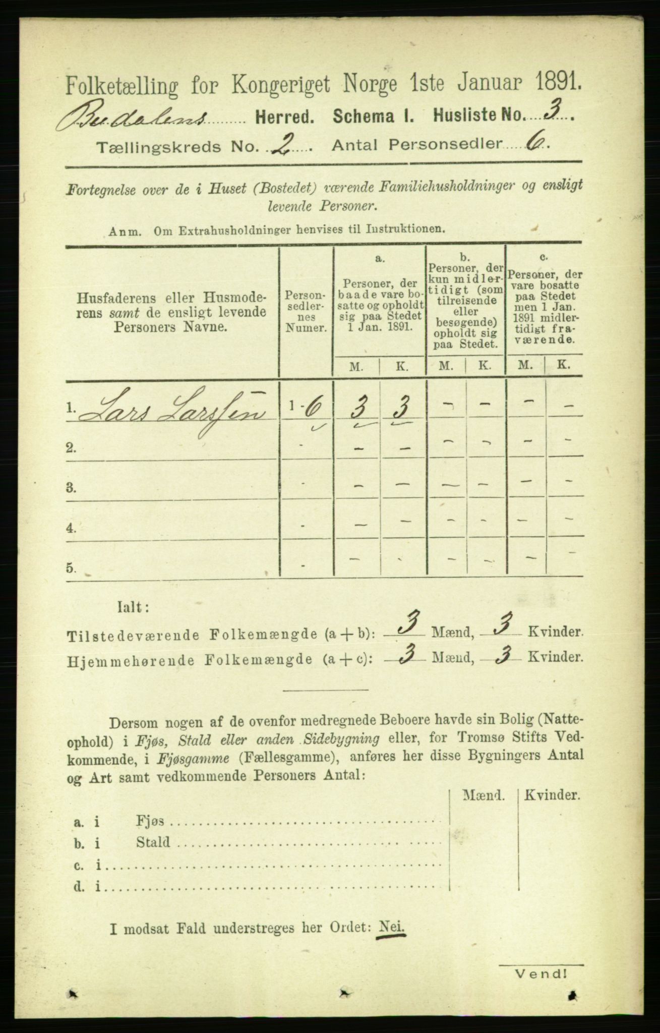 RA, 1891 census for 1647 Budal, 1891, p. 381